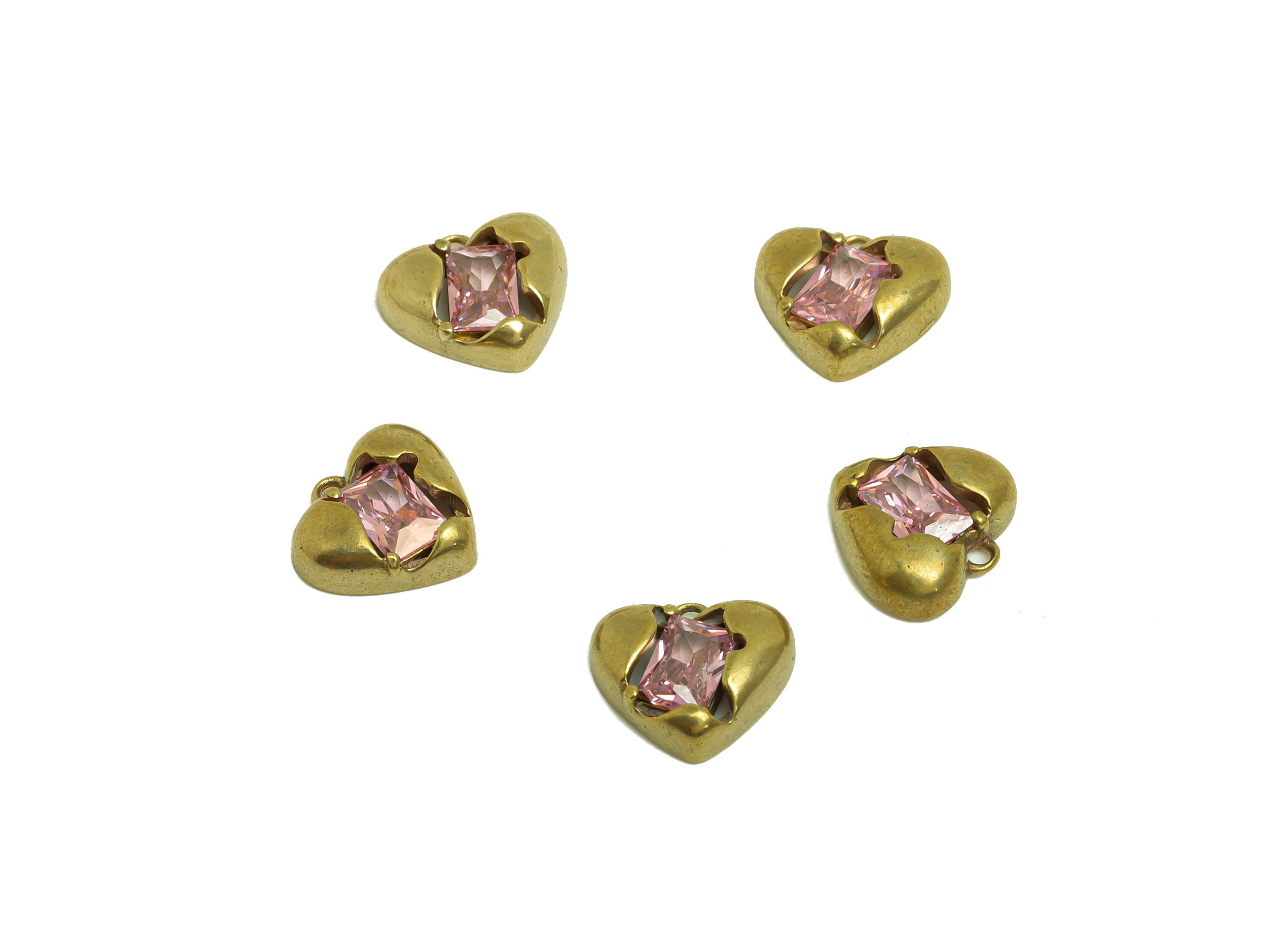 Brass CZ Heart Earring Charm - Raw Brass Cubic Zircon Heart Earring Charm - Brass Pink Rectangle Earring Charm - 11.5x10.6x3.6mm - PP10702 - DOMEDBAZAAR