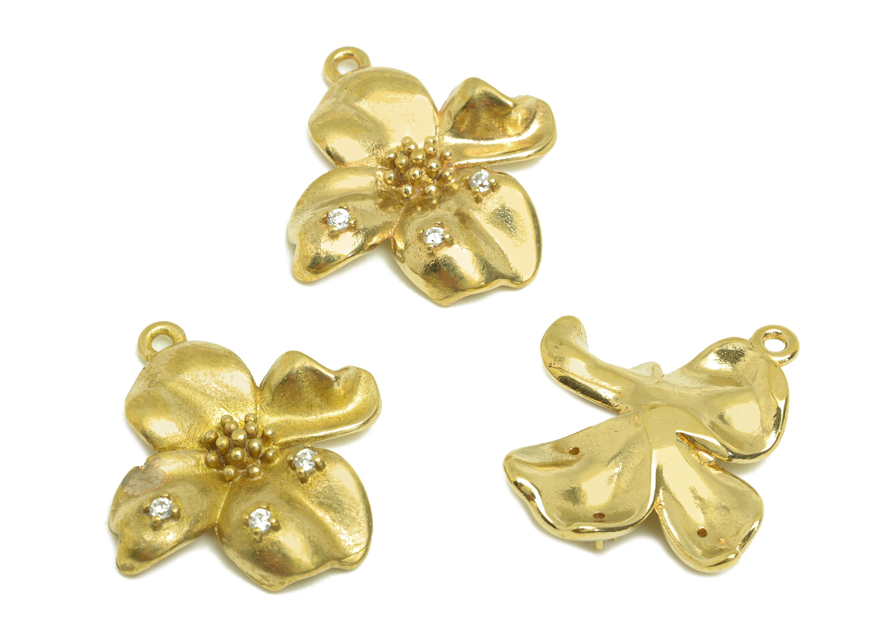 Brass CZ Flower Earring Charm - Raw Brass Cubic Zircon Flower Earring Charm - Brass Botanical Earring Charm - 19.64x14.68x3.5mm - PP10730 - DOMEDBAZAAR