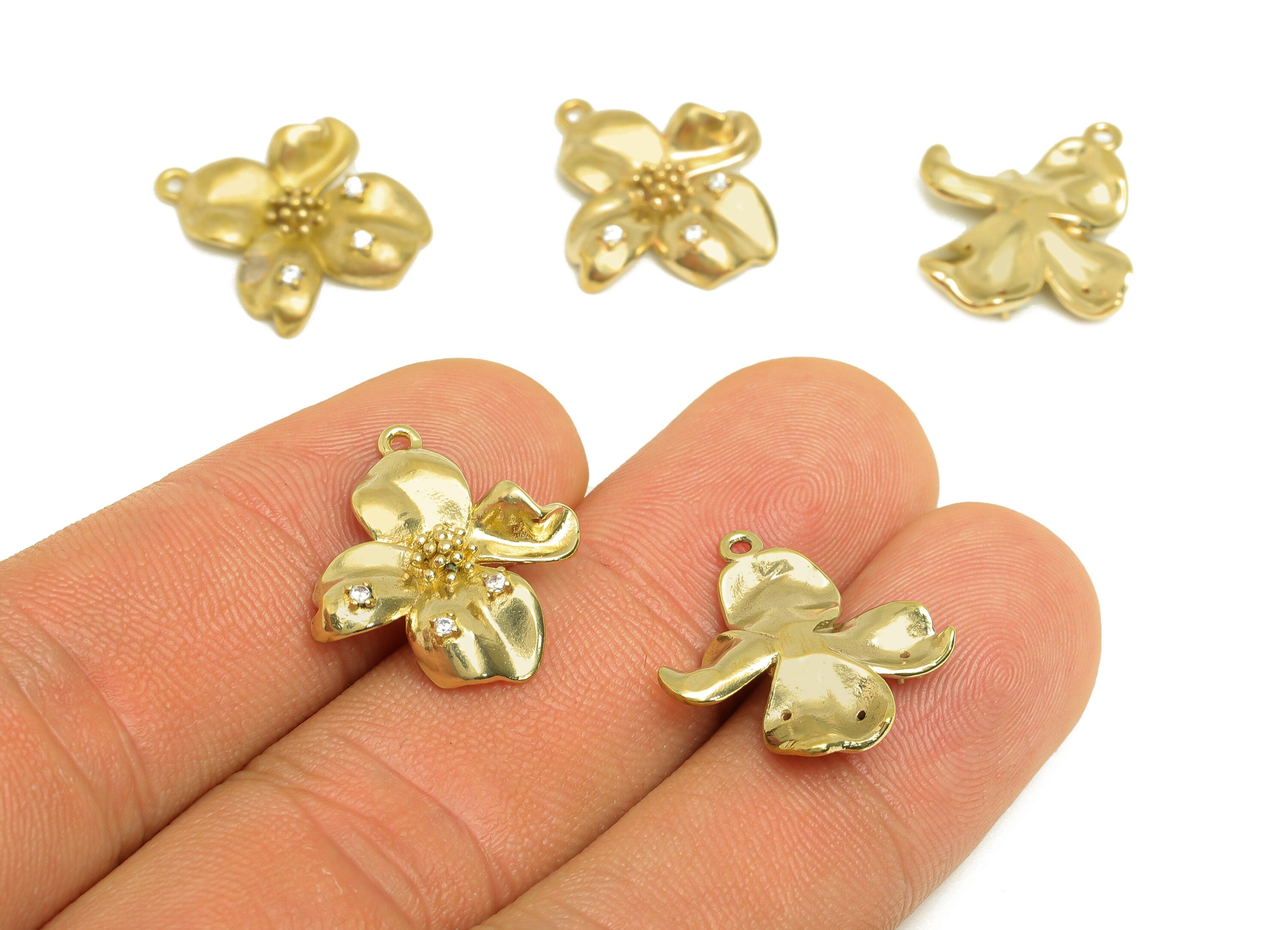 Brass CZ Flower Earring Charm - Raw Brass Cubic Zircon Flower Earring Charm - Brass Botanical Earring Charm - 19.64x14.68x3.5mm - PP10730 - DOMEDBAZAAR