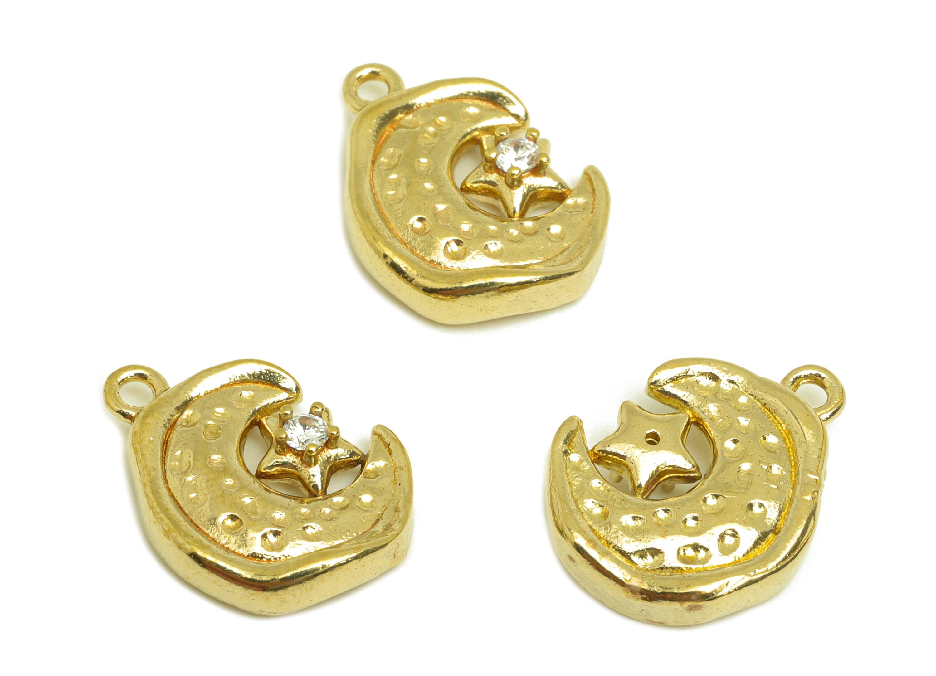Brass CZ Crescent Earring Charm - Raw Brass Cubic Zircon Moon Star Charm - Brass Textured Moon Earring Charm - 15.58x12x3.2mm - PP10725 - DOMEDBAZAAR