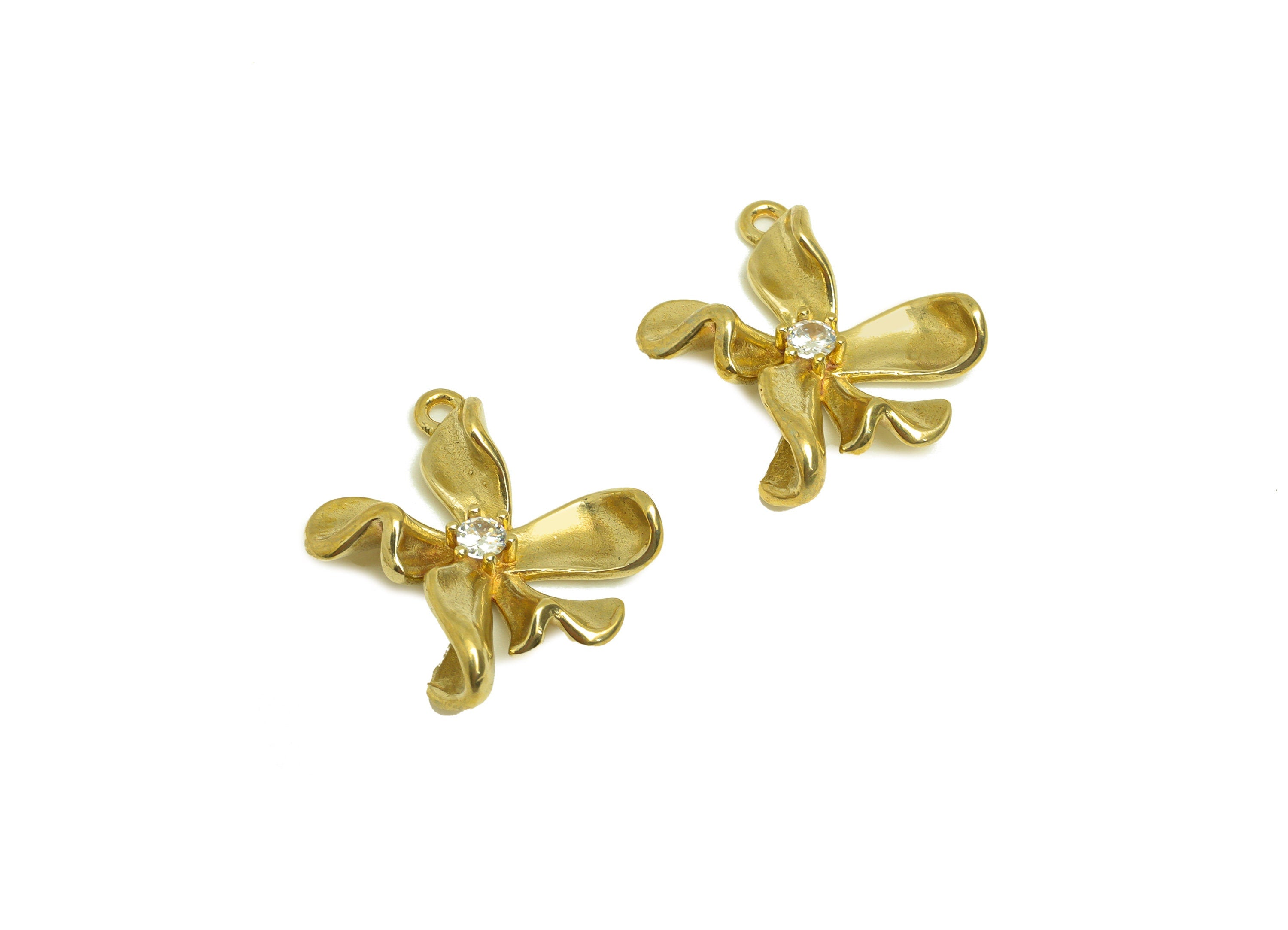 Brass CZ Flower Earring Charm - Raw Brass Cubic Zircon Wavy Daisy Charm - Brass Botanical Earring Charm - 19.8x15x4.7mm - PP10724 - DOMEDBAZAAR