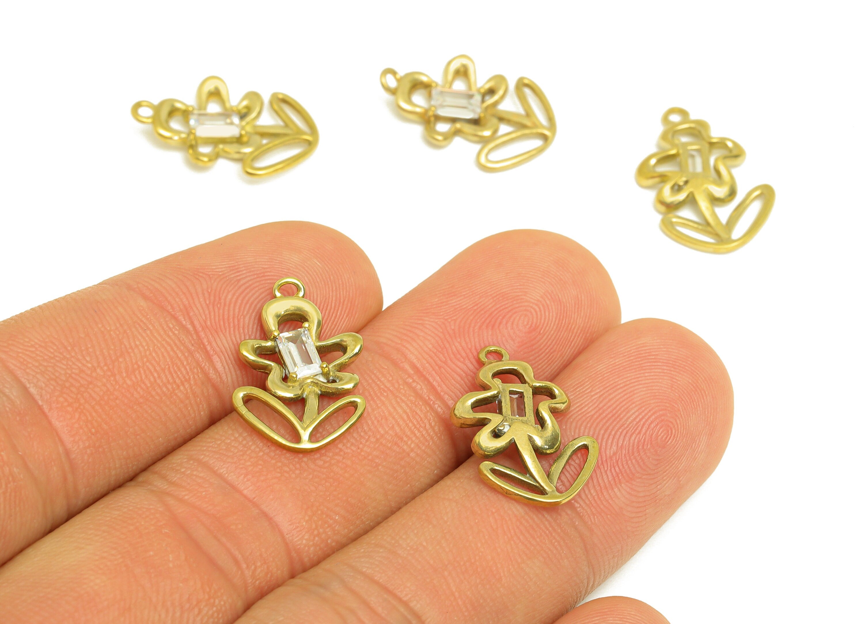 Brass CZ Flower Earring Charm - Raw Brass Cubic Zircon Rectangle Botanical Charm - Brass Bouquet Earring Charm - 18.6x12x3mm - PP10715 - DOMEDBAZAAR