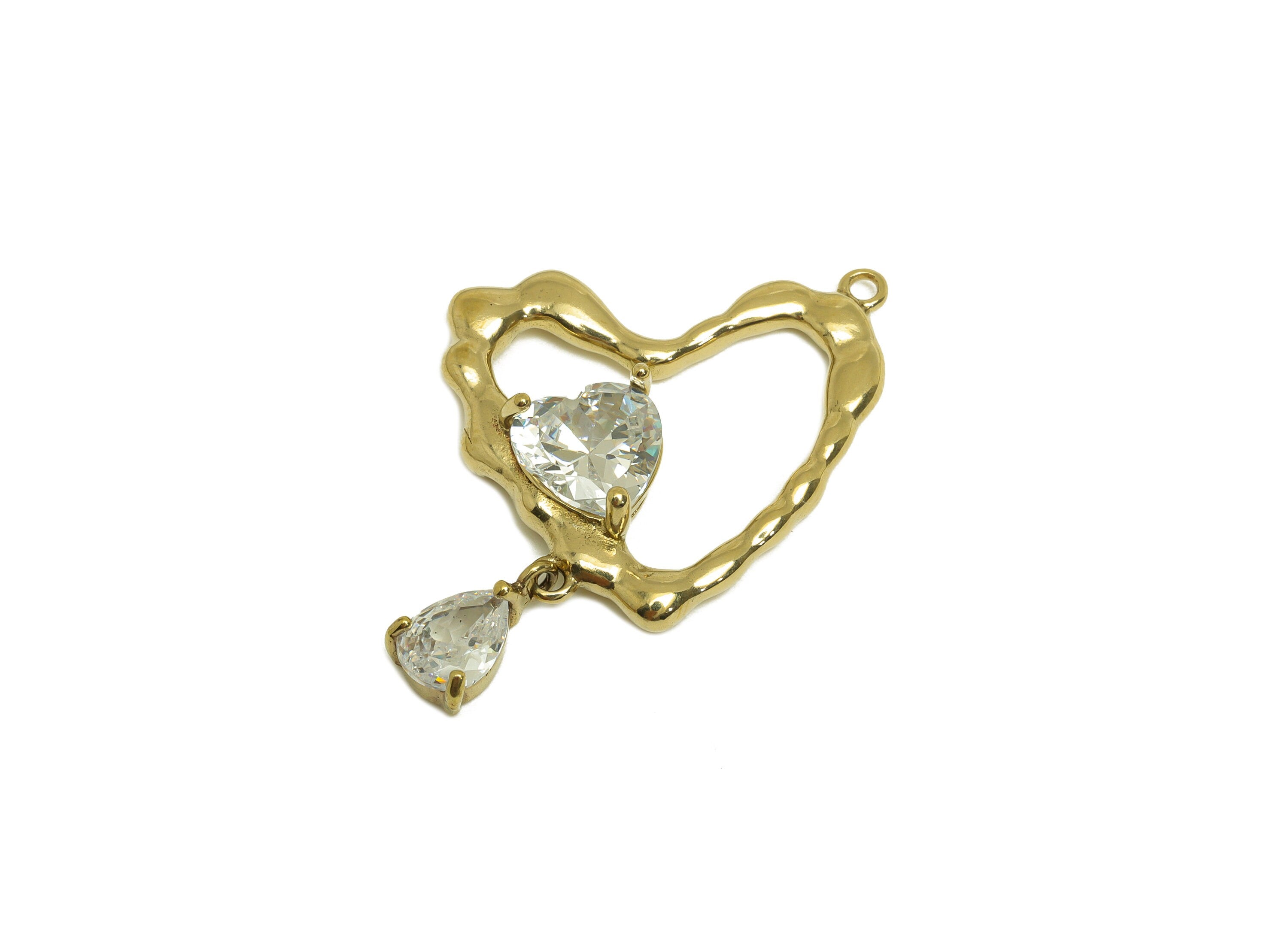 Brass CZ Heart Earring Charm - Raw Brass Cubic Zircon Teardrop Charm - Brass Textured Drop Heart Zircon Earring Charm - 23x22x5mm - PP10709 - DOMEDBAZAAR