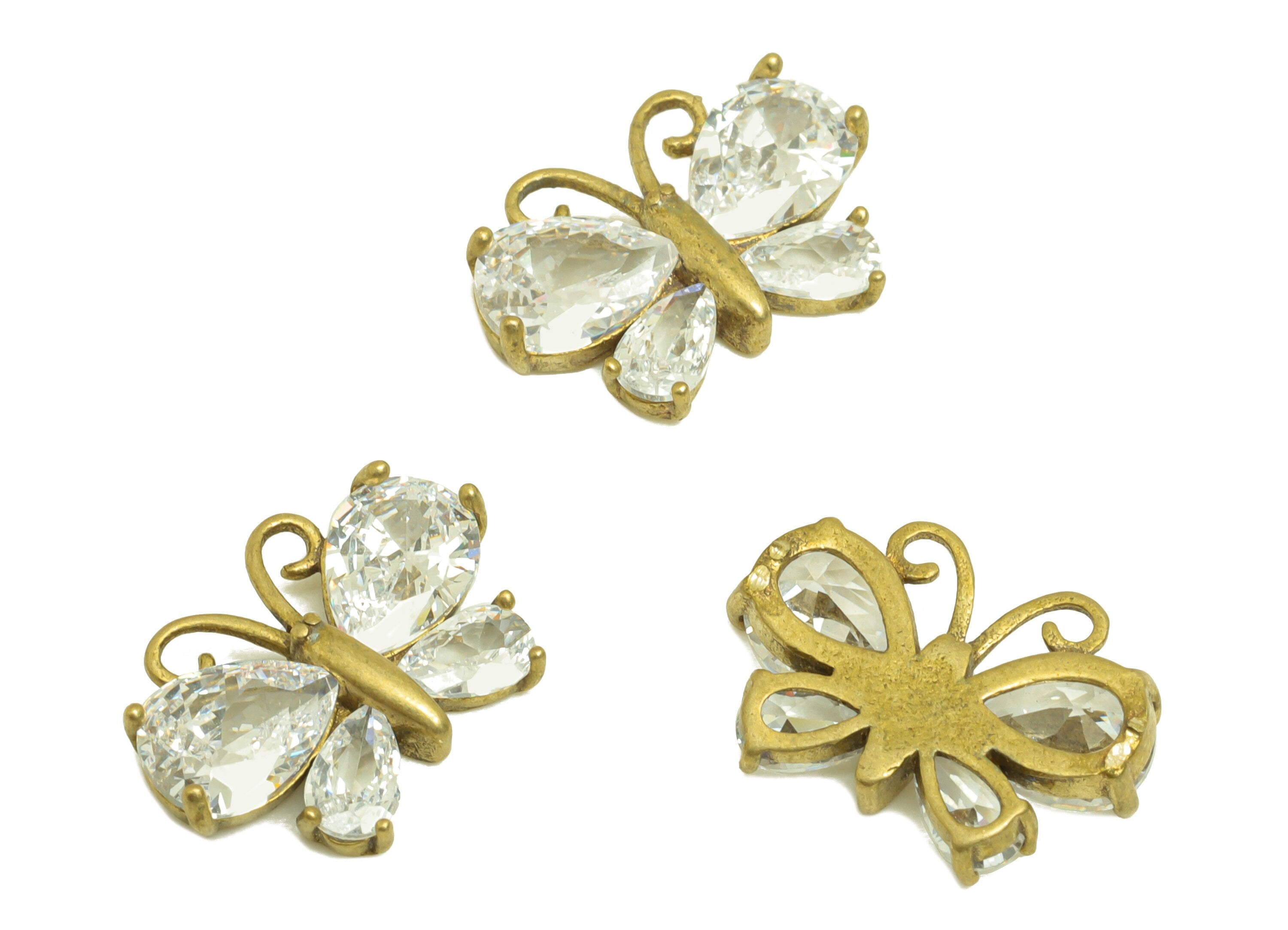 Brass CZ Butterfly Earring Charm - Raw Brass Cubic Zircon Teardrop Charm - Brass Drop Butterfly Zircon Earring Charm - 15.2x10x3mm - PP10690 - DOMEDBAZAAR