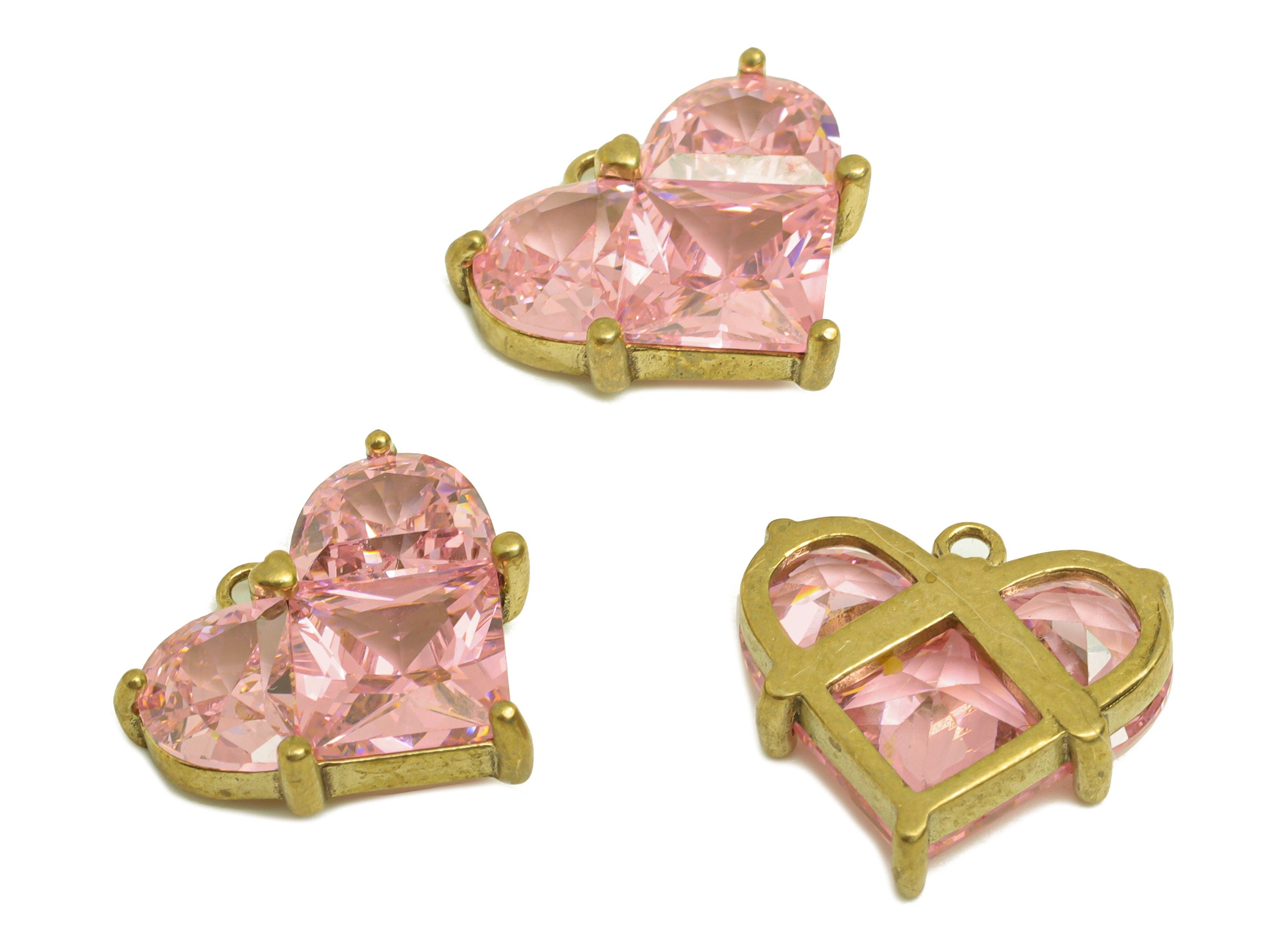 Brass CZ Heart Earring Charm - Raw Brass Cubic Zircon Pink Domed Charm - Brass Square Heart Zircon Earring Charm - 16.8x15.77x4mm - PP10700 - DOMEDBAZAAR