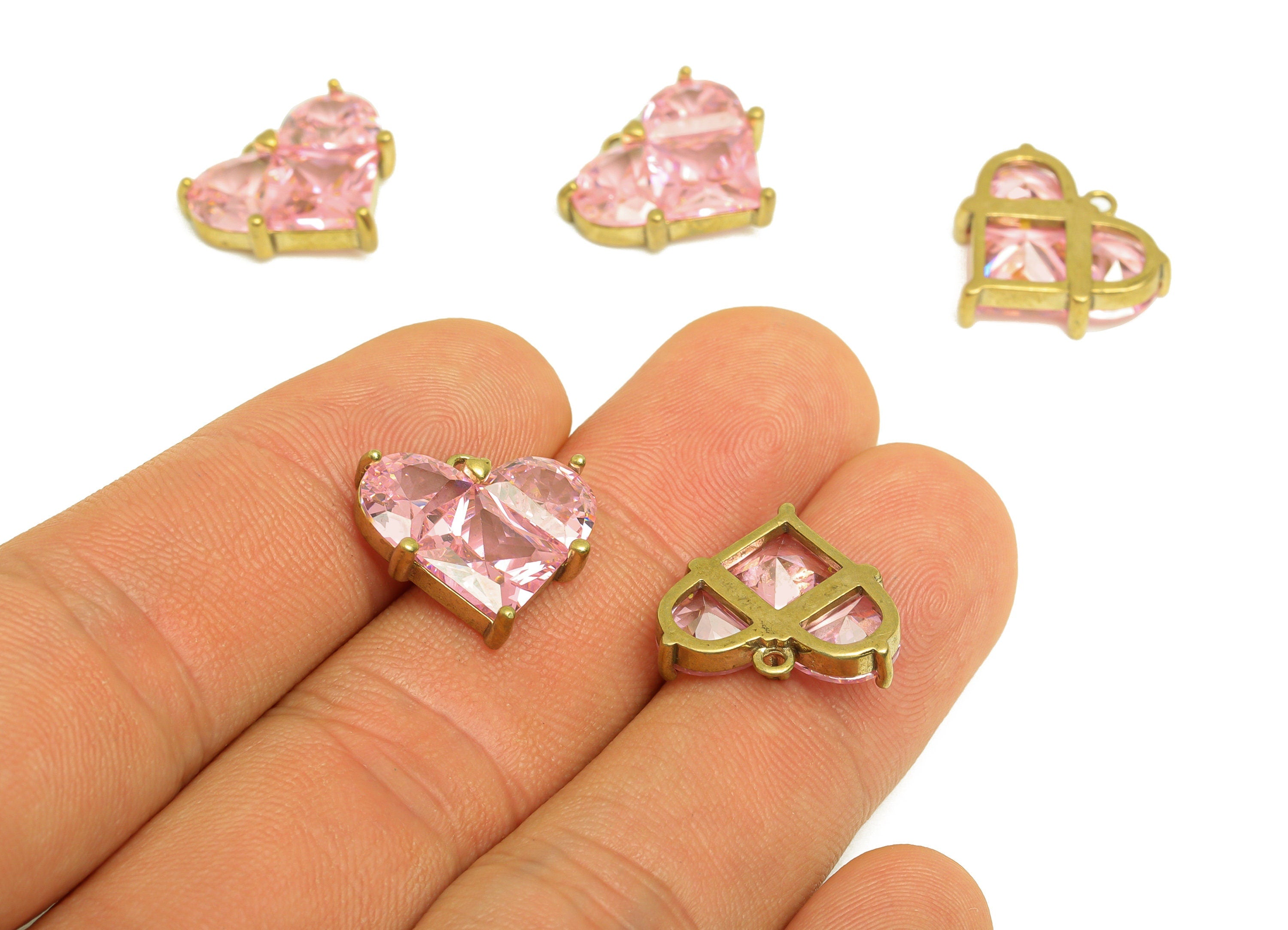 Brass CZ Heart Earring Charm - Raw Brass Cubic Zircon Pink Domed Charm - Brass Square Heart Zircon Earring Charm - 16.8x15.77x4mm - PP10700 - DOMEDBAZAAR