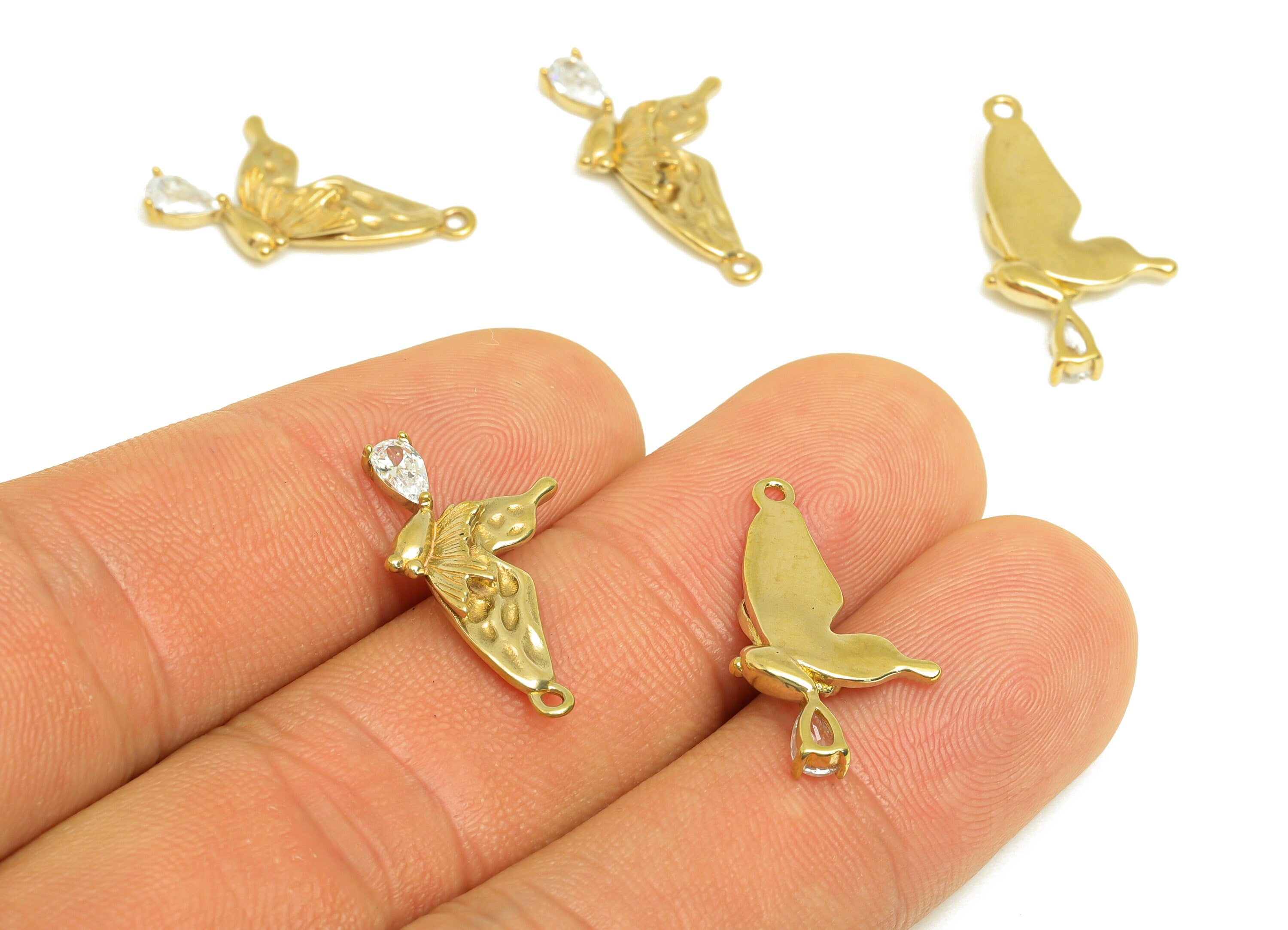 Brass CZ Butterfly Earring Charm - Raw Brass Cubic Zircon Teardrop Charm - Brass Textured Butterfly Earring Charm - 21.3x11x3.3mm - PP10726 - DOMEDBAZAAR