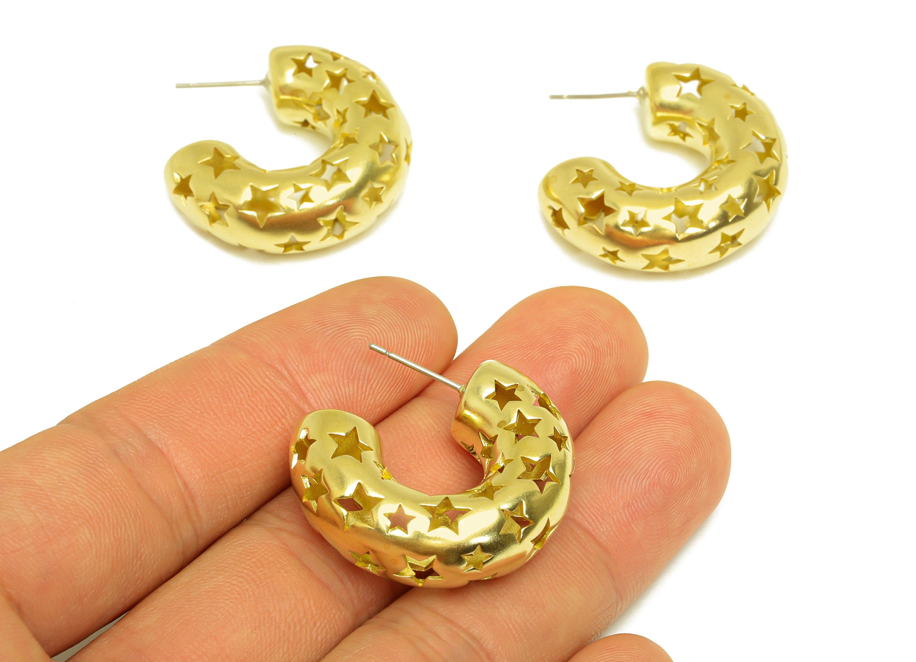 30mm Thick C Hoop Earring Stud - Raw Brass Hoop Earring Post - C Thick Hoop Star Earring Post - Hollow Hoop Earring - 30x25x10.5mm - PP10507 - DOMEDBAZAAR
