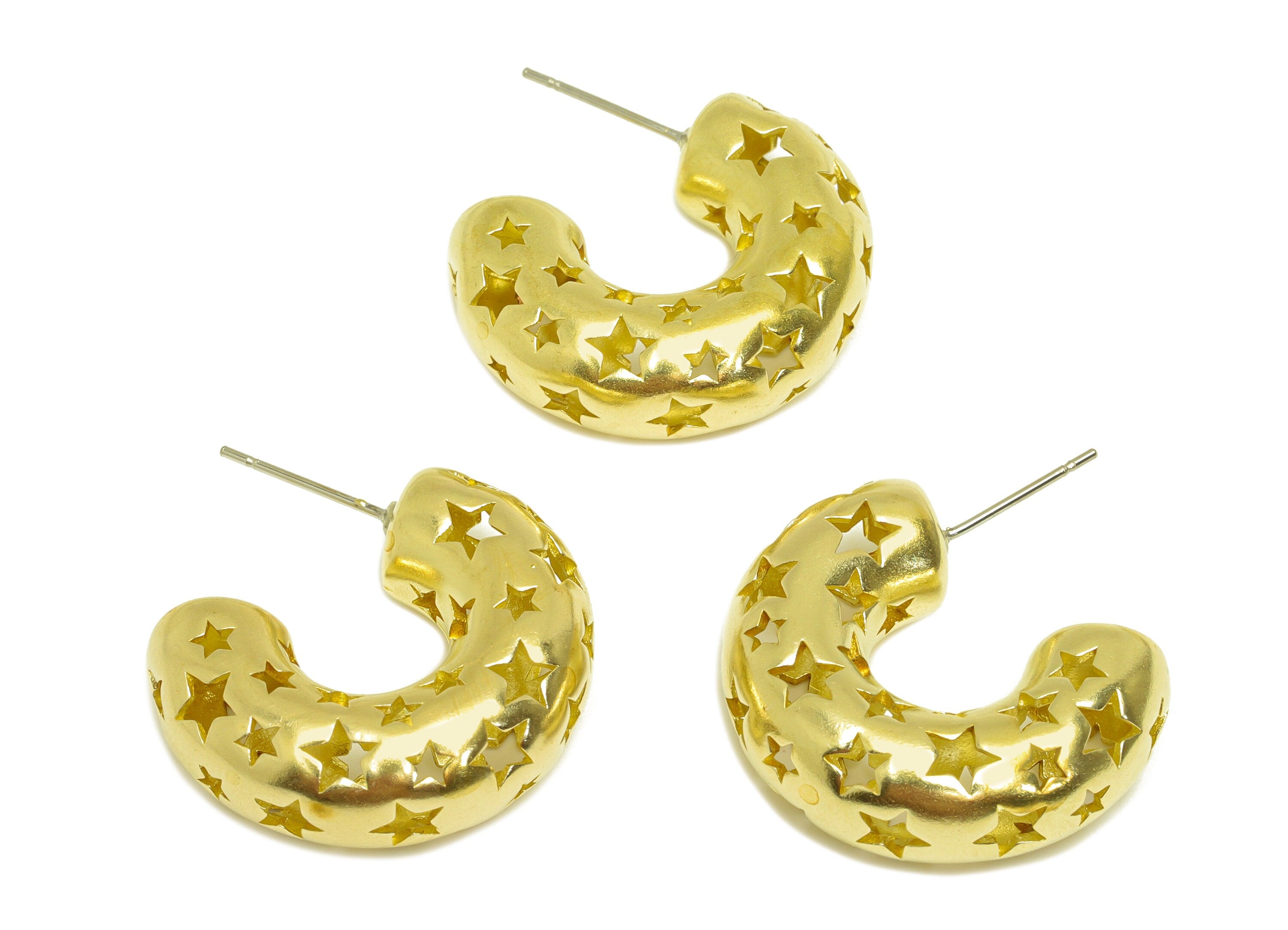 26mm Thick C Hoop Earring Stud - Raw Brass Hoop Earring Post - C Thick Hoop Star Earring Post - Hollow Hoop Earring - 26x21x9mm - PP10508 - DOMEDBAZAAR