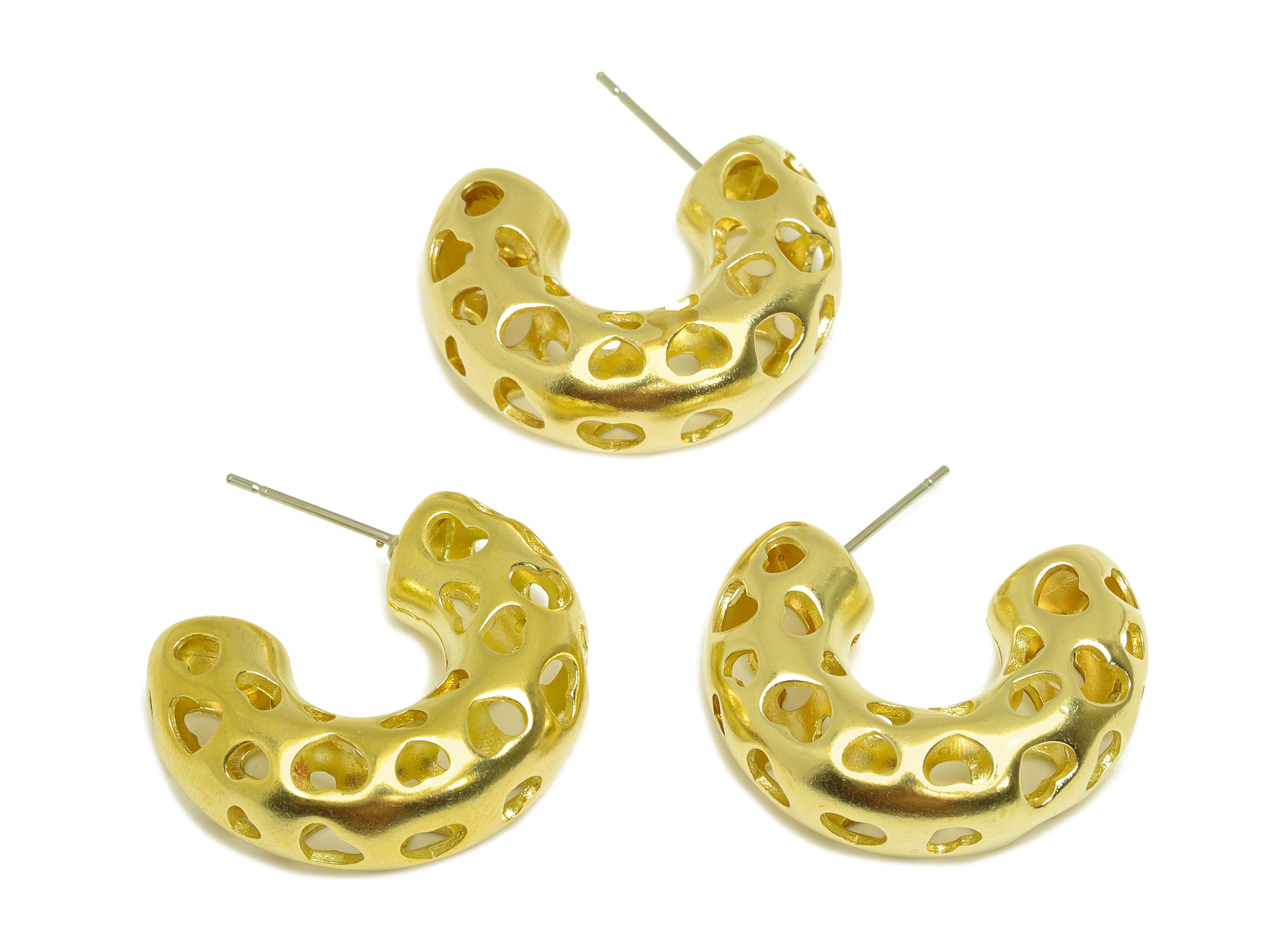 26mm Thick C Hoop Earring Stud - Raw Brass Hoop Earring Post - C Thick Hoop Heart Earring Post - Hollow Hoop Earring - 26x21x9mm - PP10512 - DOMEDBAZAAR