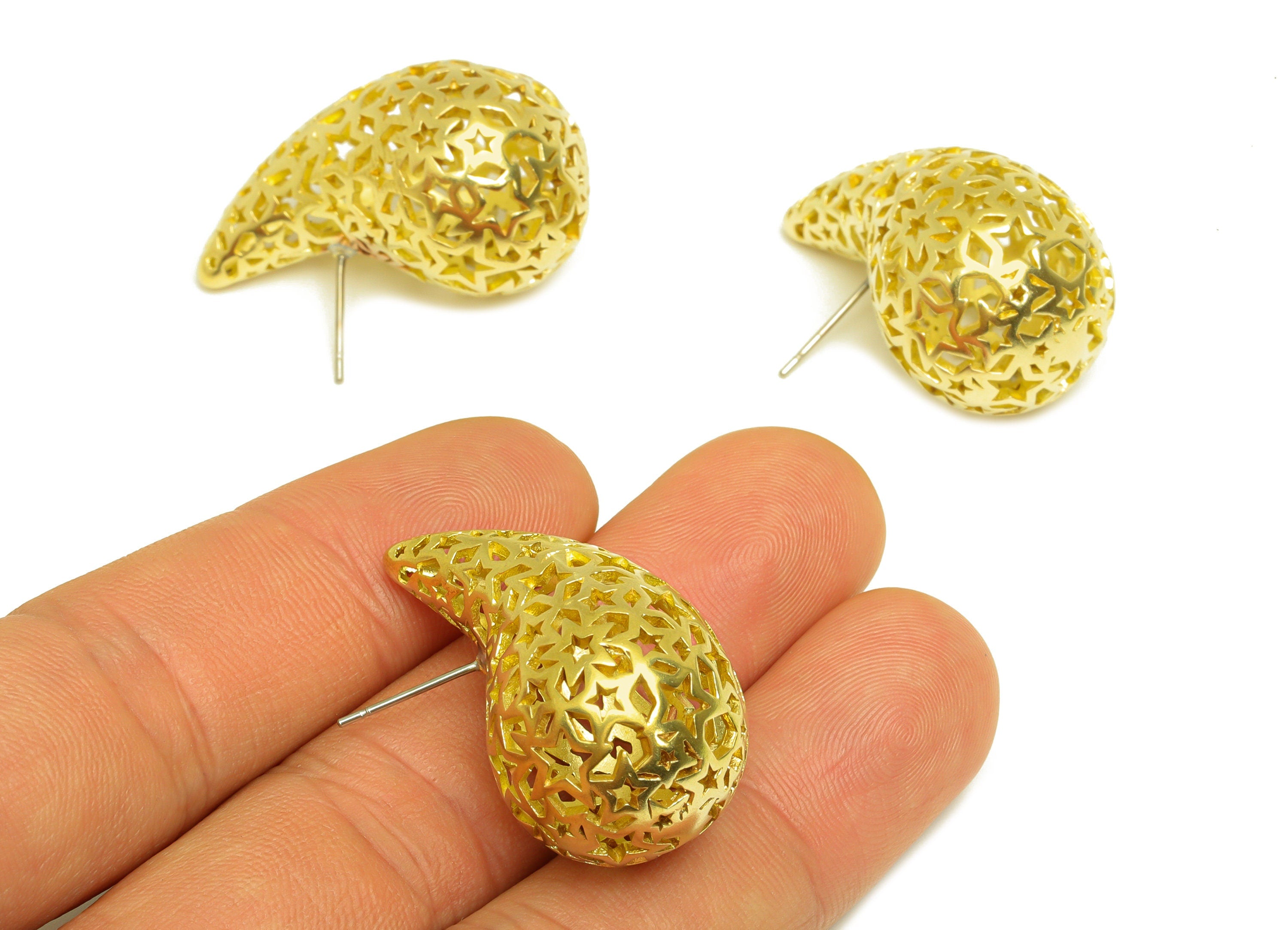 32mm Thick Drop Earring Stud - Raw Brass Heart Earring Post - Teardrop Star Earring Post - Hollow Teardrop Earring - 32x20x19mm - PP10515 - DOMEDBAZAAR