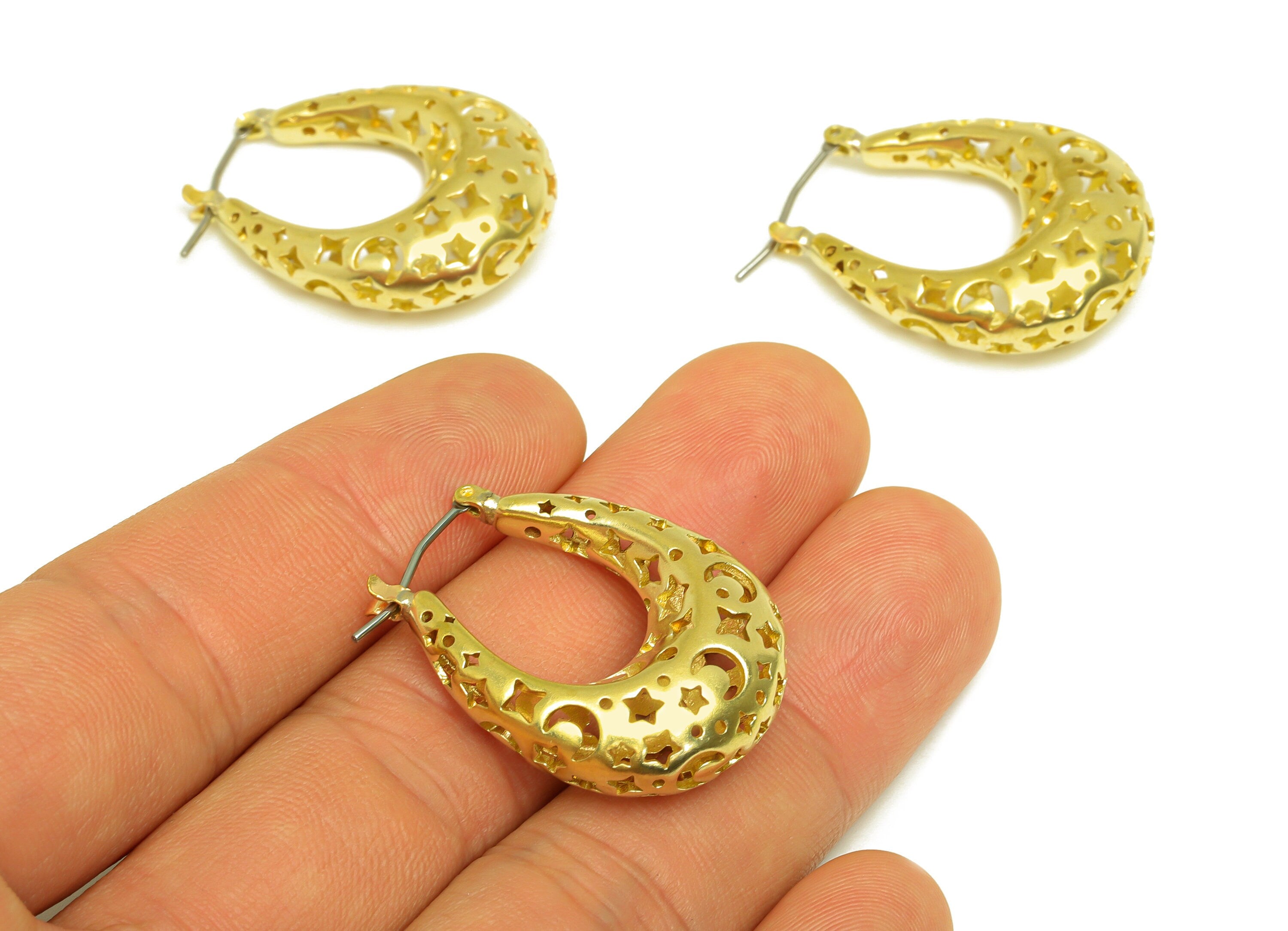 30mm Thick Hoop Earring Stud - Raw Brass Hinged Back Earring Post - Crescent Hoop Earring Post Earring - Hinged Back - 30x24x9.6mm - PP10514 - DOMEDBAZAAR