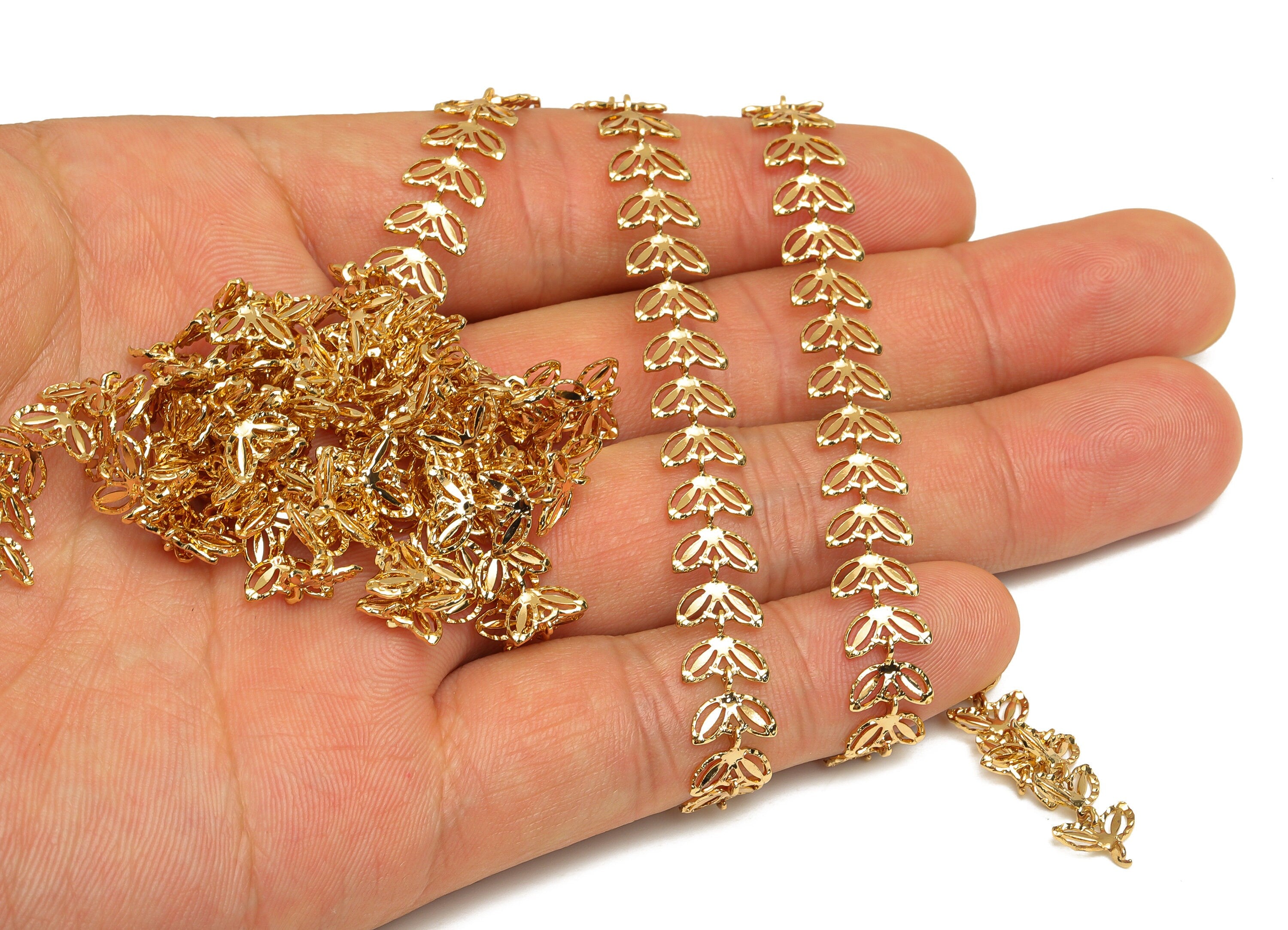 Brass Leaf Hollow Chain - Brass Flower Link Chain - Brass Botanical Chain - Textured Leaf Chain - 18K Real Gold Plating - 3x8x1mm - RGP6749 - DOMEDBAZAAR