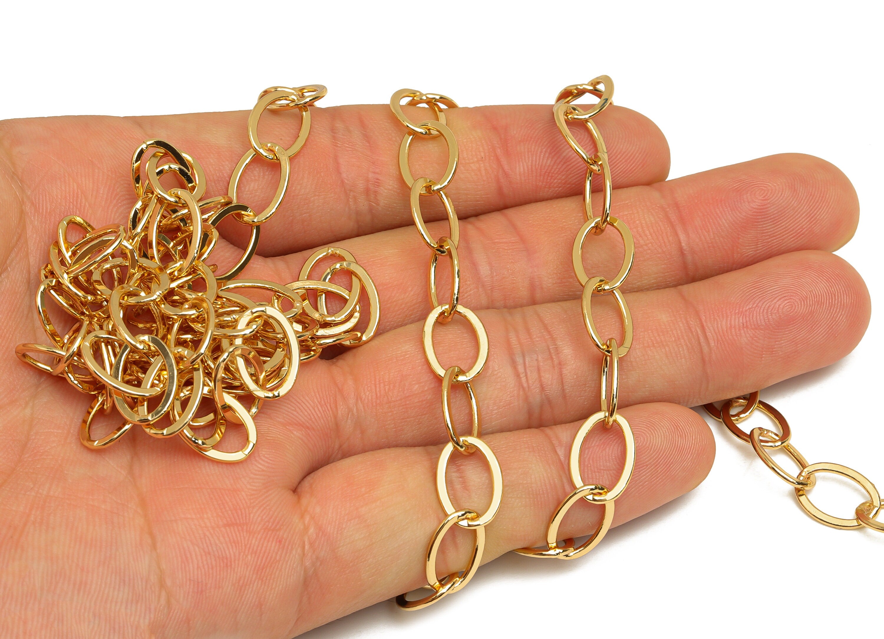 Brass Flat Oval Link Chain - Brass Large Oval Link Chain - Brass Chunky Chain - Bracelet Chain - 18K Real Gold Plating - 12x8x1mm - RGP6754 - DOMEDBAZAAR