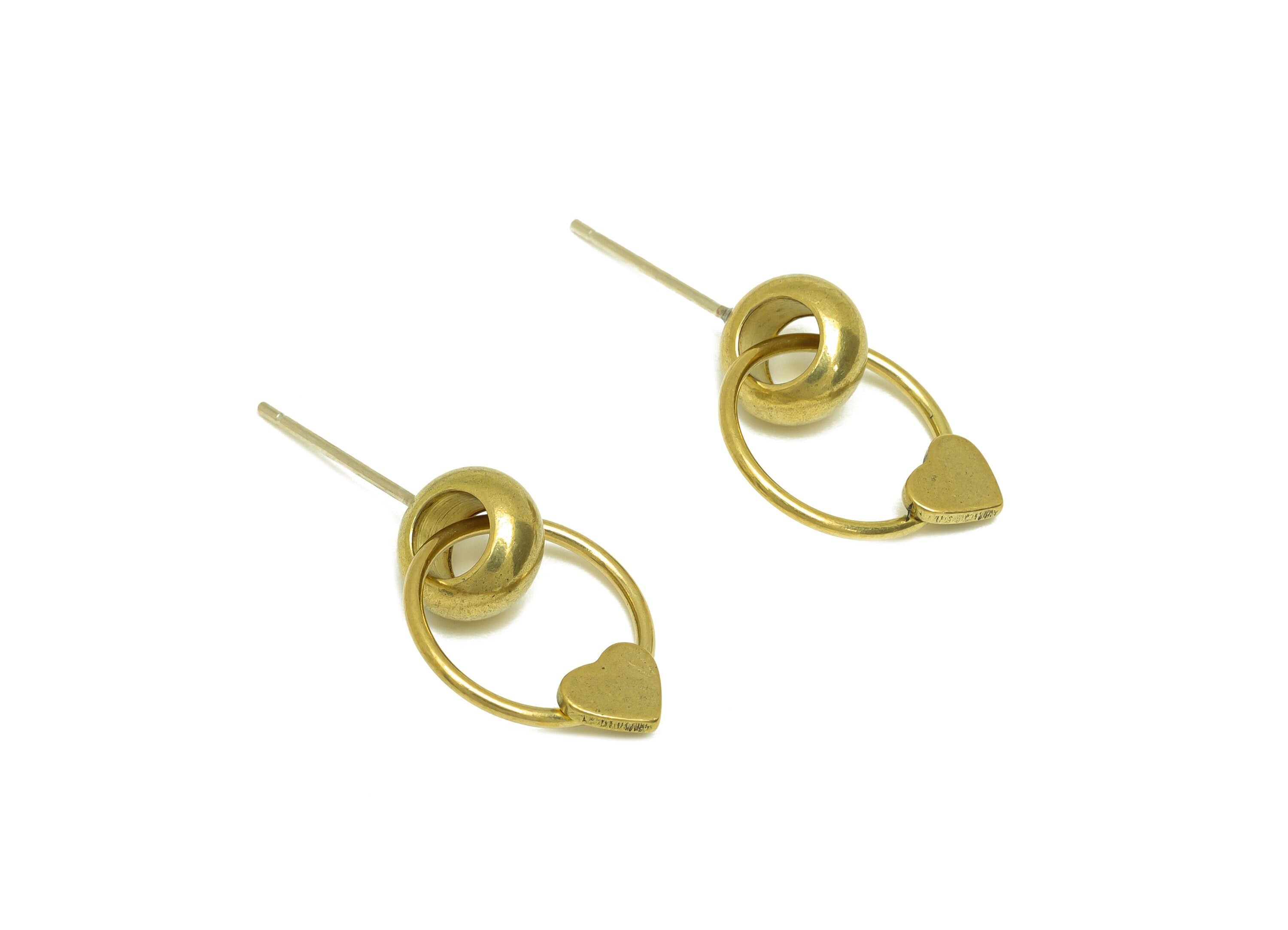 Brass Dangle Heart Earring Stud - Raw Brass Round Heart Earring Post - Brass Dangle Heart Earring Post - 925 Silver Stud - 18x12x4mm-PP10580 - DOMEDBAZAAR