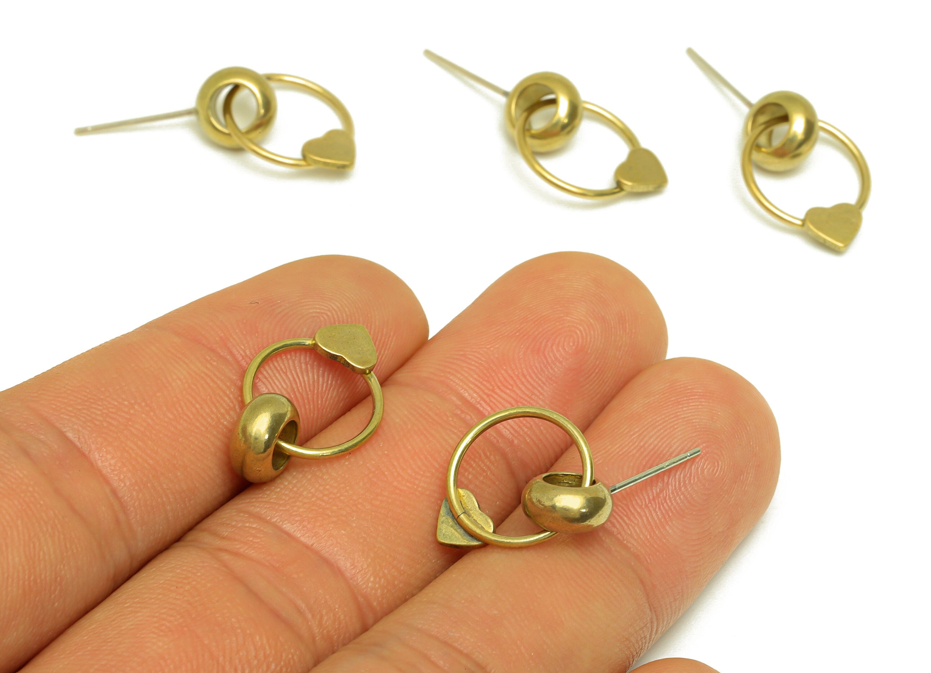 Brass Dangle Heart Earring Stud - Raw Brass Round Heart Earring Post - Brass Dangle Heart Earring Post - 925 Silver Stud - 18x12x4mm-PP10580 - DOMEDBAZAAR