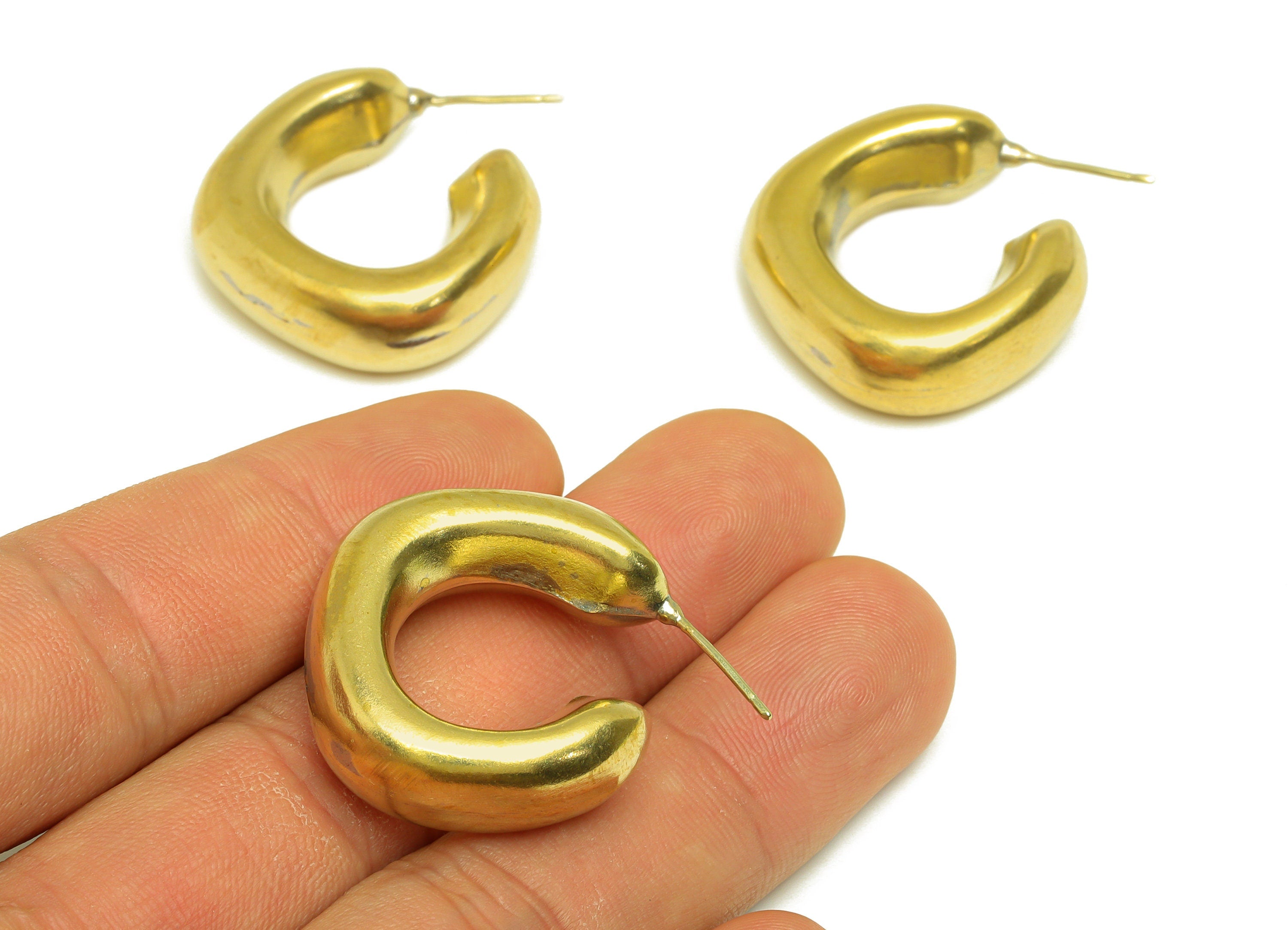 Brass Hoop Thick Earring Stud - Raw Brass Thick Square Earring Post - Brass Open Square Earring Post - Silver Stud - 27x25x9.5mm - PP10586 - DOMEDBAZAAR