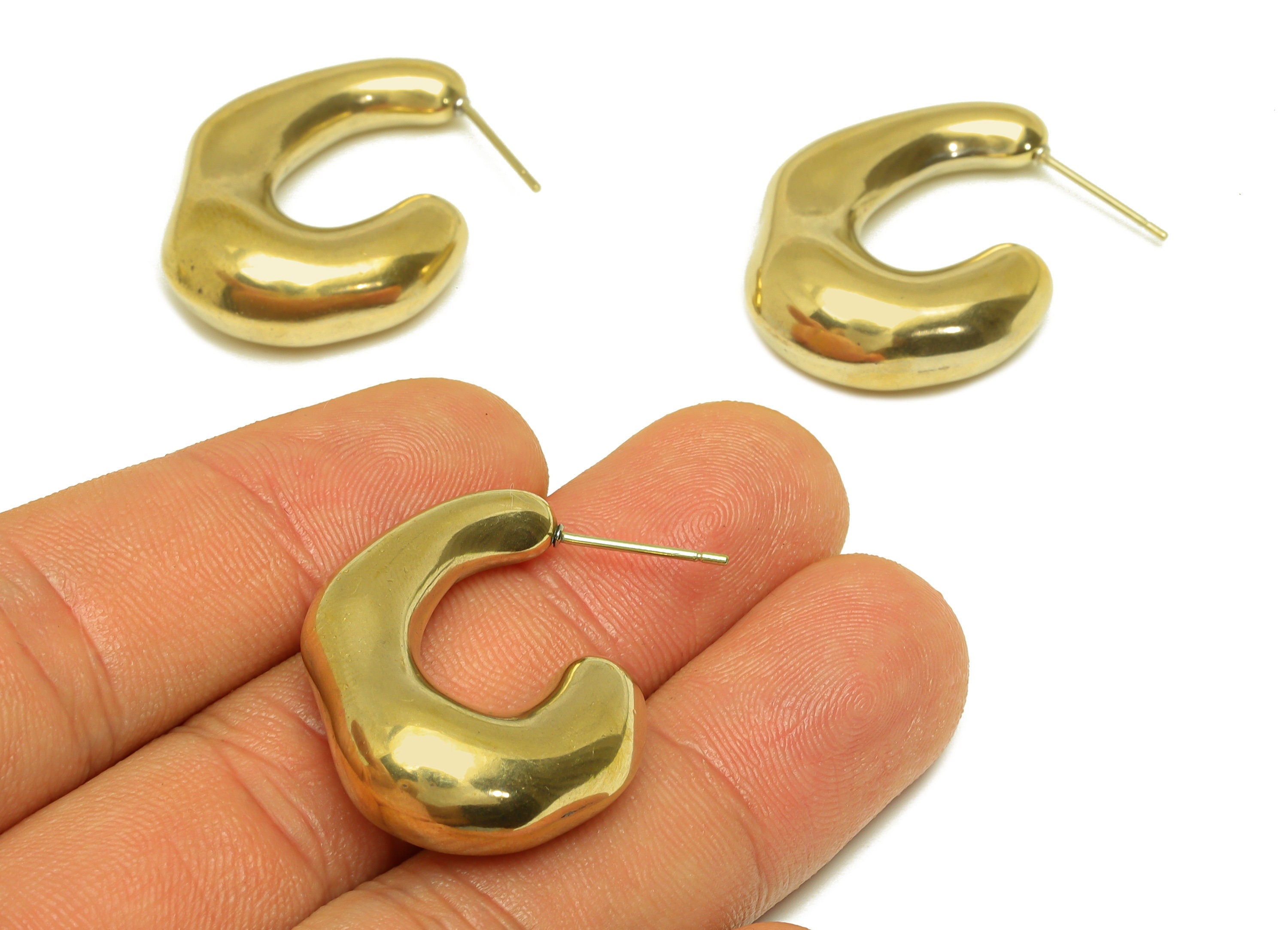 Brass Hoop Thick Earring Stud - Raw Brass Thick Irregular Earring Post - Brass Open Geometry Earring Post - 33x25.5x9.5mm - PP10554 - DOMEDBAZAAR