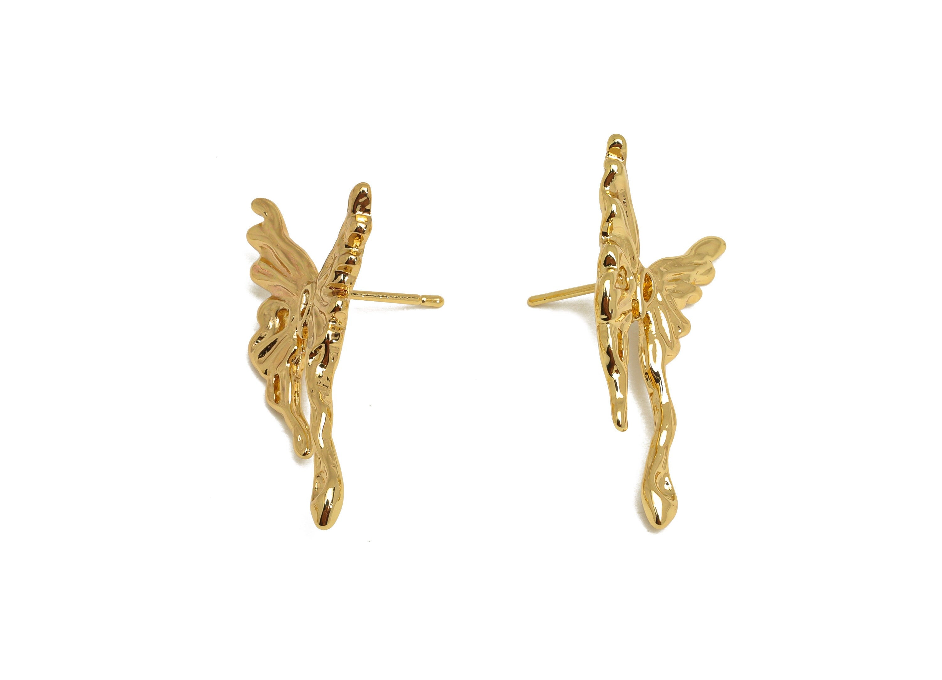 Brass Butterfly Earring Post - Brass Textured Butterfly Earring Stud - Brass Meth Earring Post - 18K Real Gold Plating - 32x17x1mm - RGP6764 - DOMEDBAZAAR