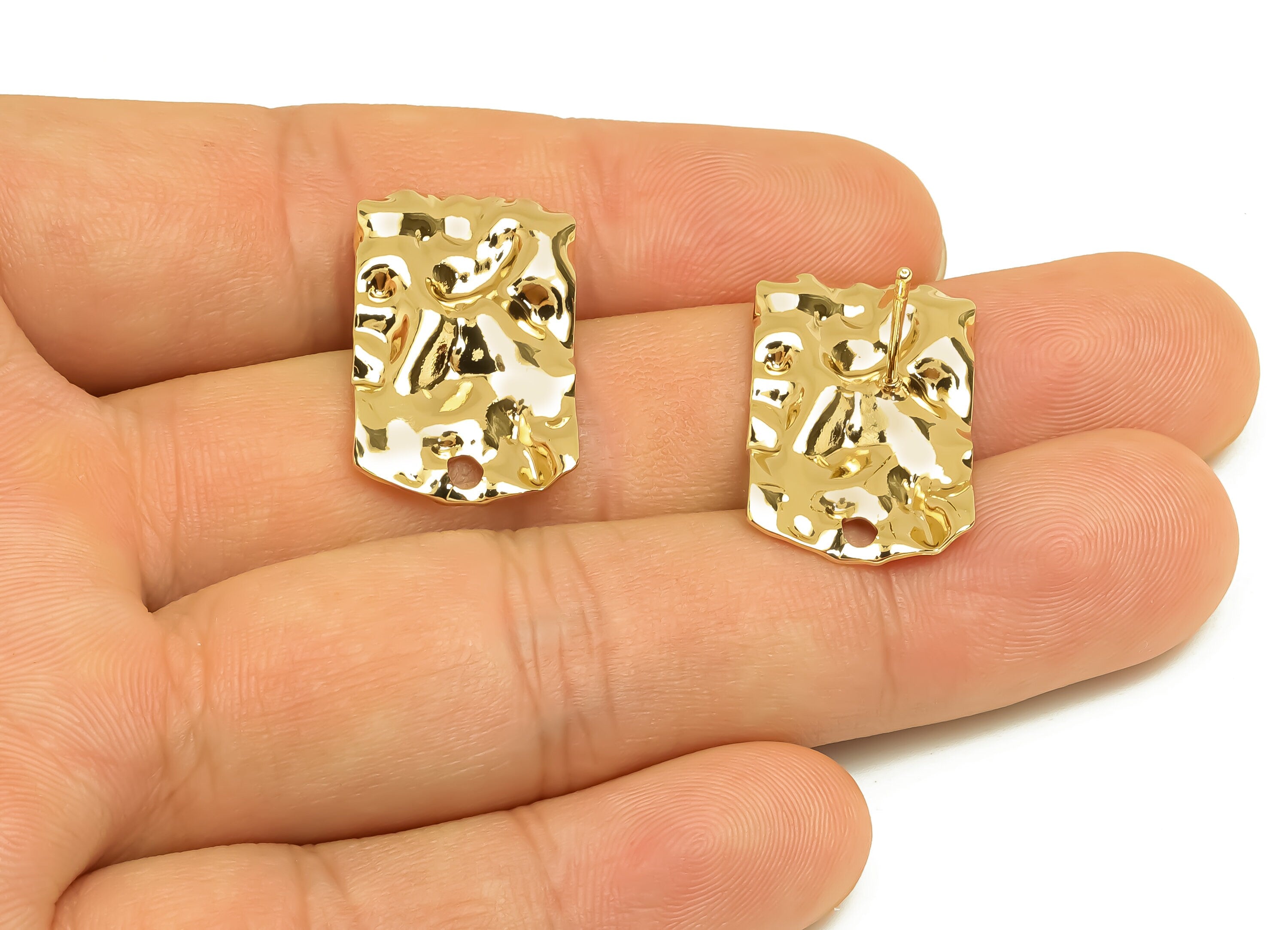 Brass Rectangle Earring Post - Brass Hammered Rectangle Earring Stud - Geometry Earring Post - 18K Real Gold Plating - 25x15x1mm - RGP6770 - DOMEDBAZAAR