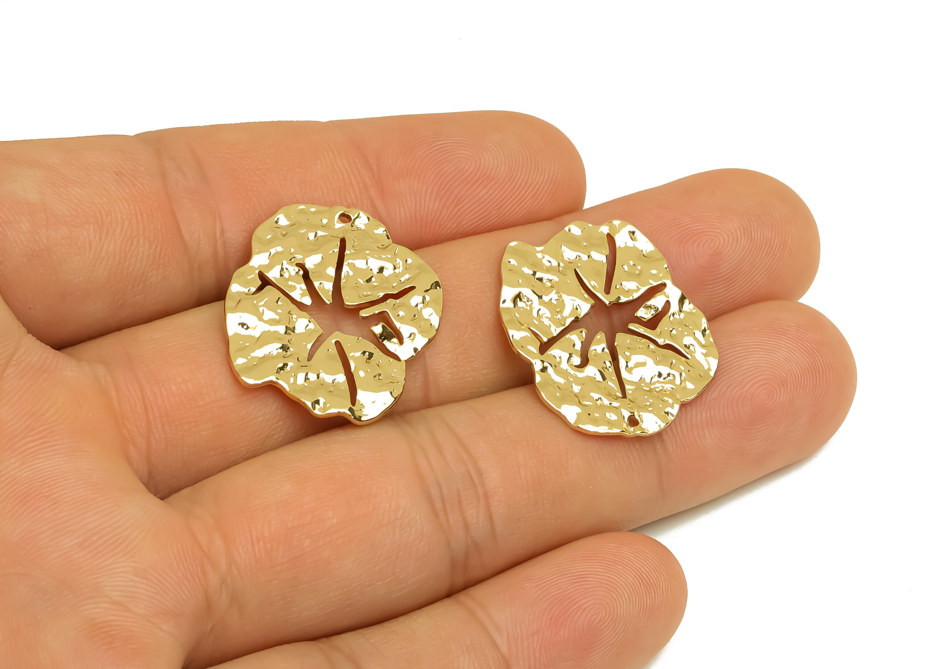Brass Leaf Earring Charm - Brass Textured Leaf Earring Charms - Brass Lotus Leaf Pendant - 18K Real Gold Plating - 25.4x21.06x1mm - RGP6765 - DOMEDBAZAAR