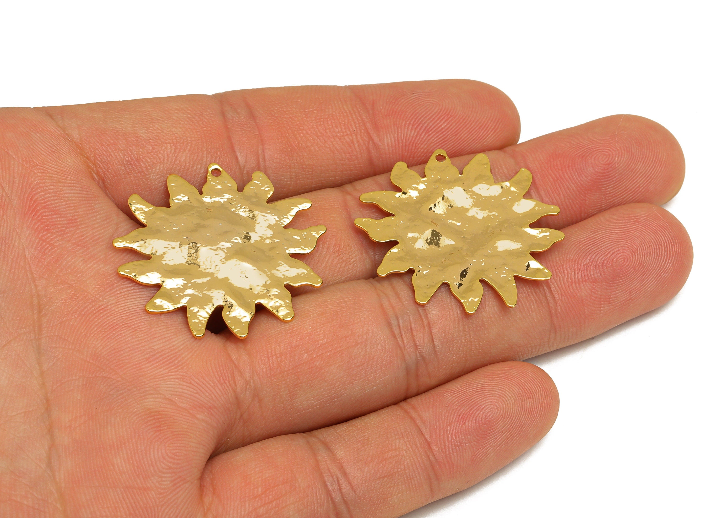 Brass Flower Earring Charm - Brass Textured Sunflower Earring Charms - Hammered Sun Pendant - 18K Real Gold Plating - 30x31x1mm - RGP6773 - DOMEDBAZAAR