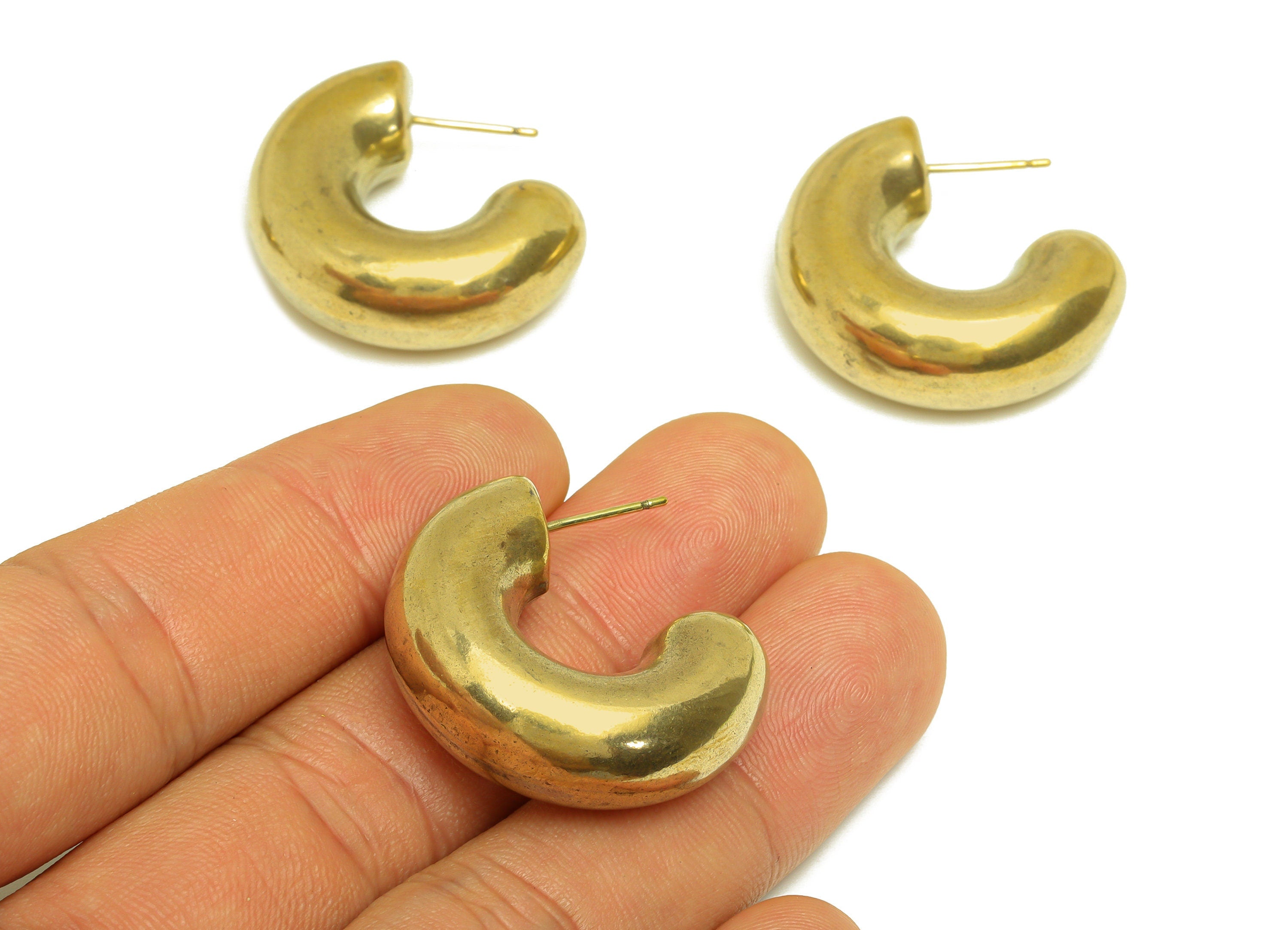 Brass Hoop C Earring Stud - Raw Brass Thick Hoop Earring Post - Brass Open Hoop Earring Post - Thick Earring Post - 30x23x10.5mm - PP10550 - DOMEDBAZAAR
