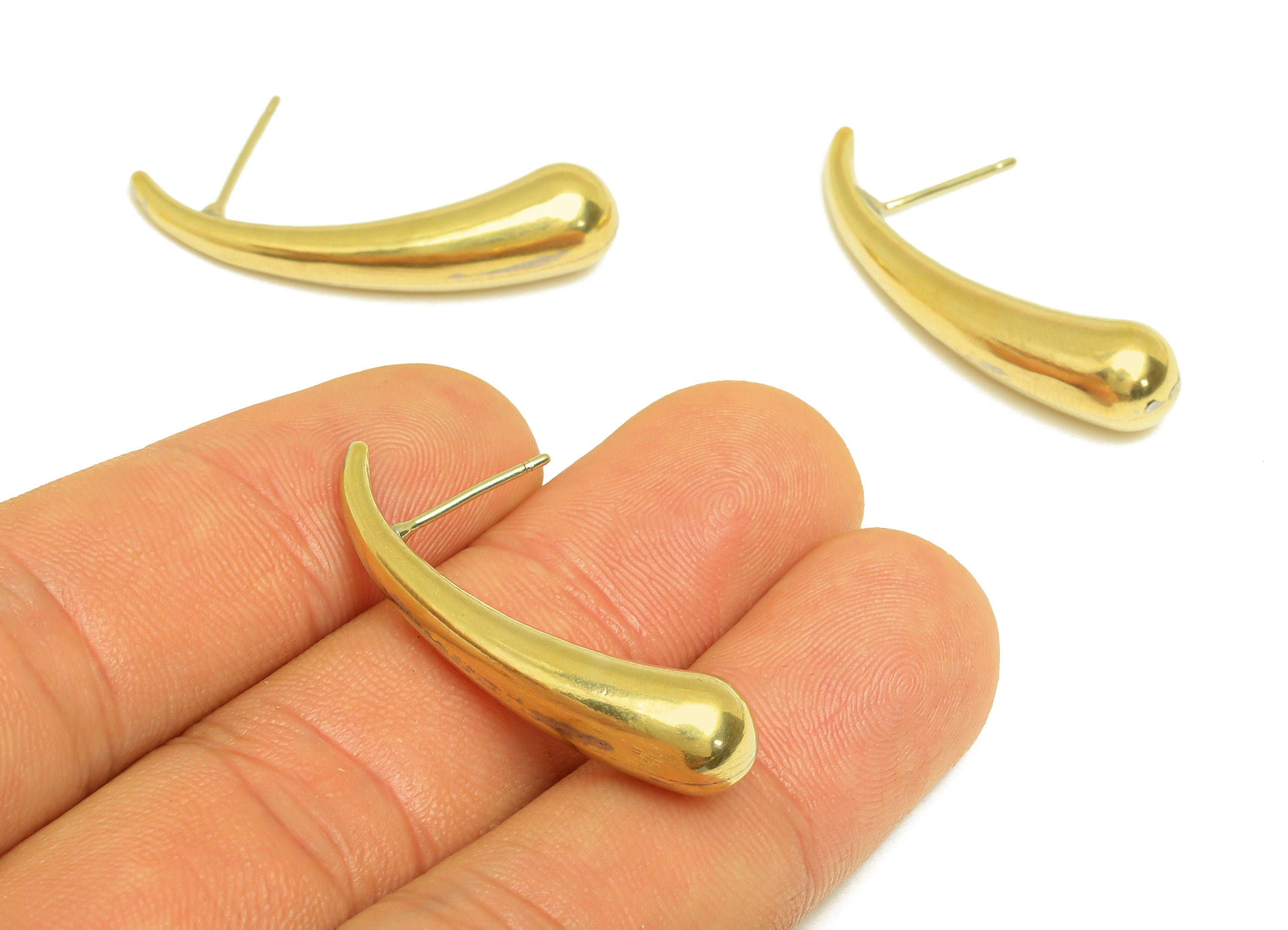 Brass Drop Earring Stud - Raw Brass Thick Teardrop Earring Post - Brass Bent Teardrop Earring Post - Silver Stud - 35x7.7x7.7mm - PP10556 - DOMEDBAZAAR