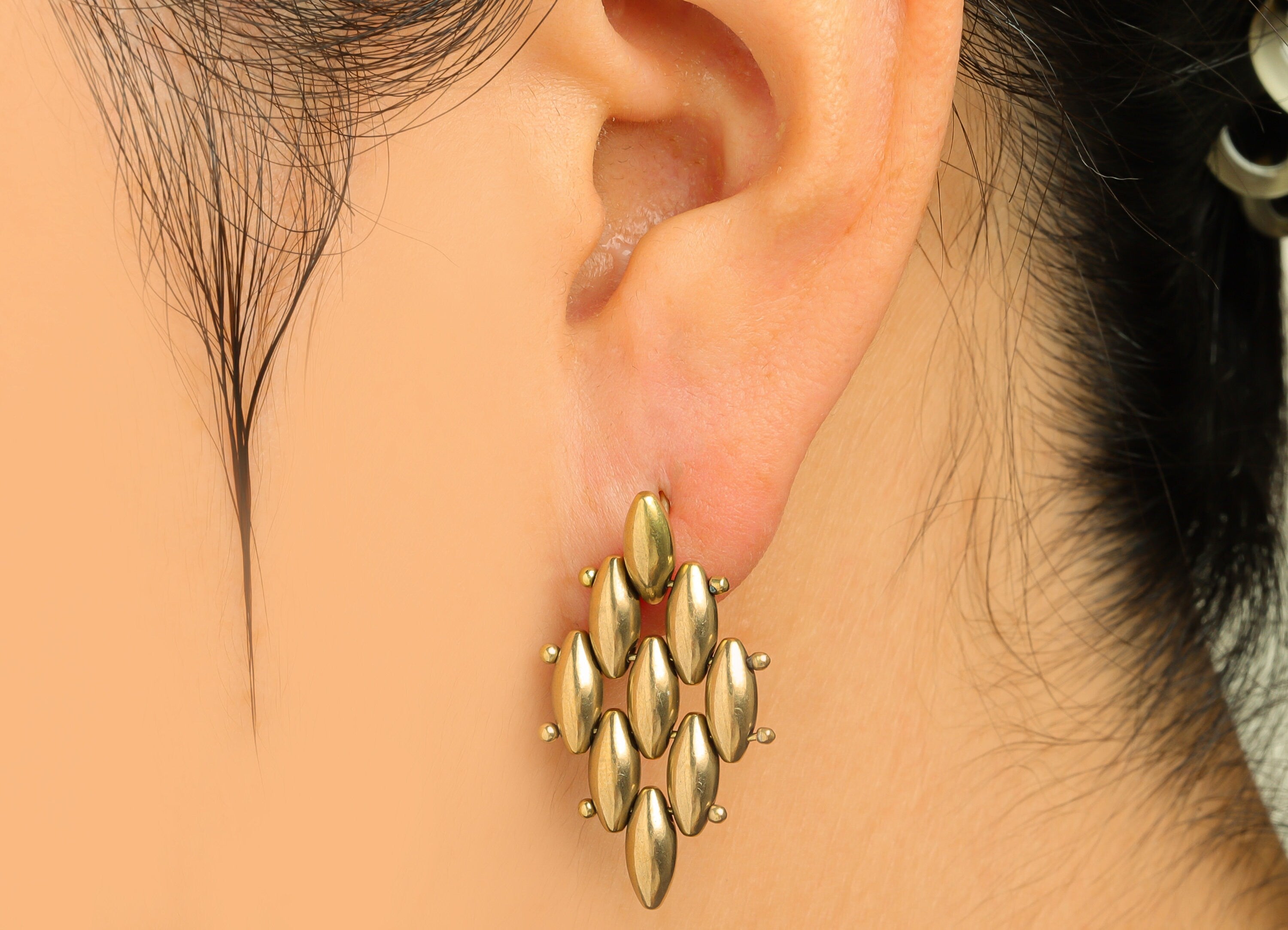 Brass Mesh Earring Stud - Raw Brass Rhombic Beaded Earring Post - Brass Beaded Earring Post - Silver Stud - 27x17x3.86mm - PP10574 - DOMEDBAZAAR