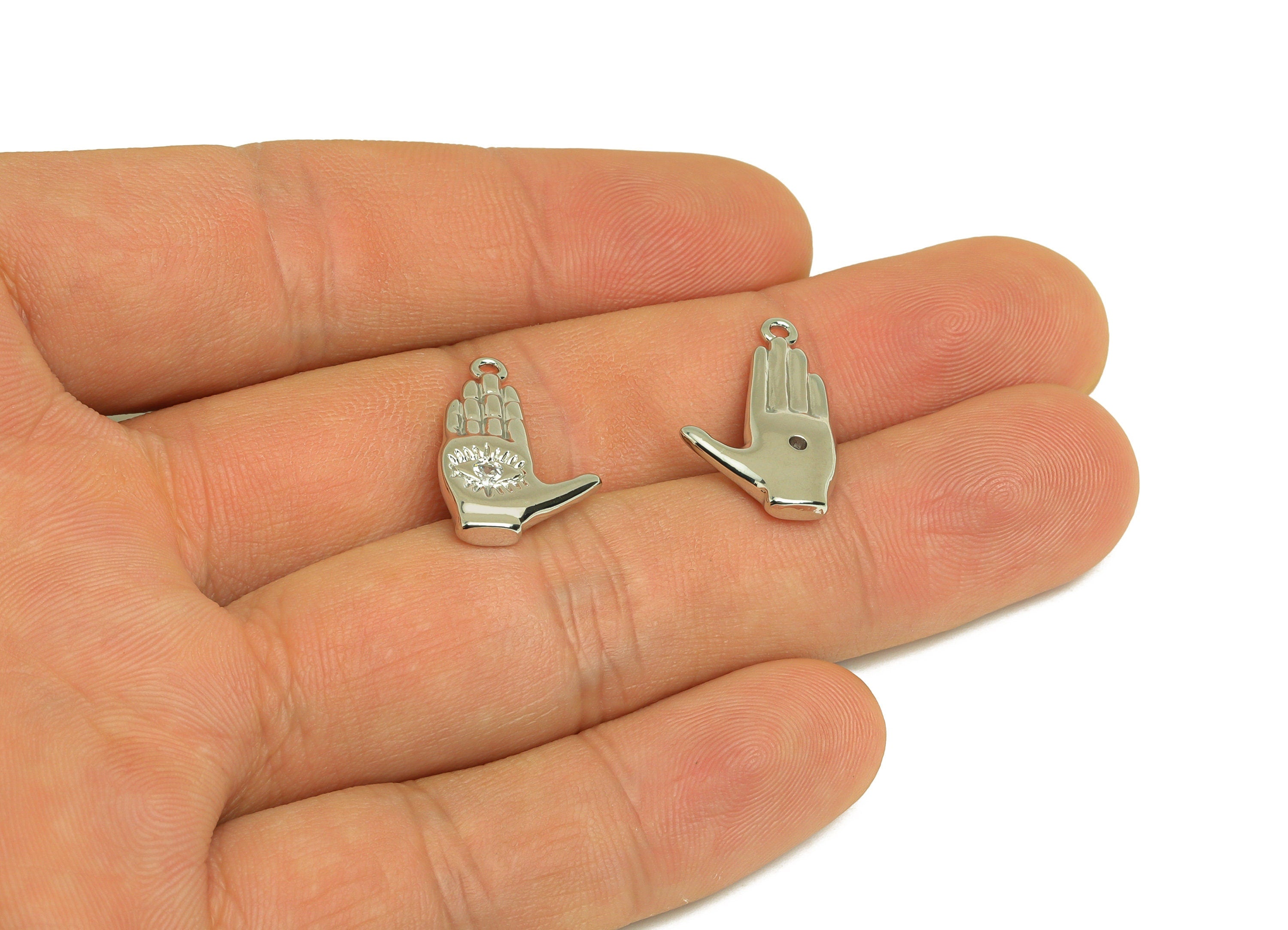 Brass CZ Hand Earring Charm - Brass Textured Eye Earring Charms - Brass Cubic Zircon Pendant - 18K Real White Plating - 20x13x3mm - RGP6787 - DOMEDBAZAAR