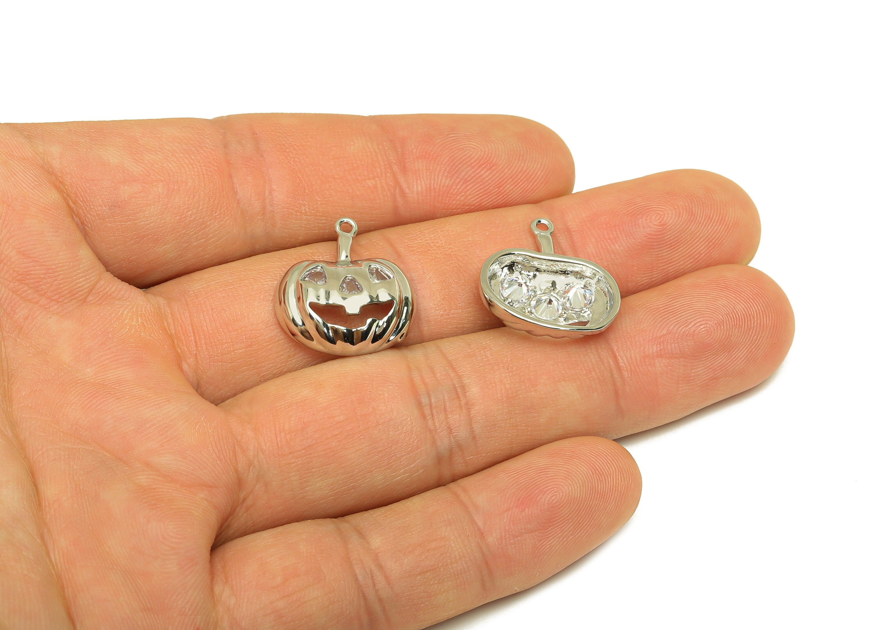 Brass CZ Pumpkin Earring Charm - Brass Halloween Earring Charms - Brass Cubic Zircon Pendant - 18K Real White Plating - 19x17x5mm - RGP6781 - DOMEDBAZAAR
