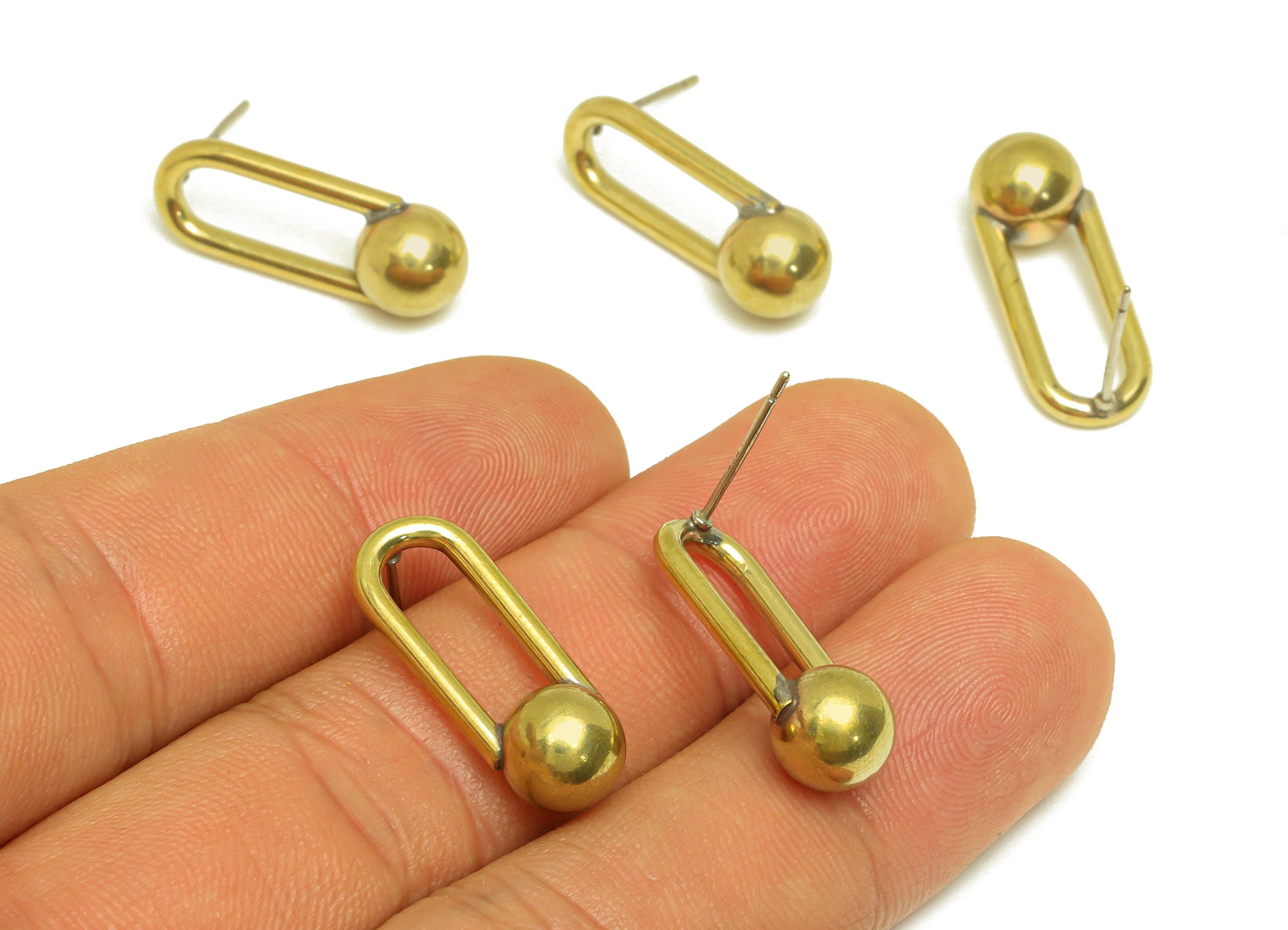 Brass Ball Earring Stud - Raw Brass Oval Rectangle Earring Post - Brass Geometry Earring Post - 925 Silver Stud - 23x8.7x7.8mm - PP10578 - DOMEDBAZAAR
