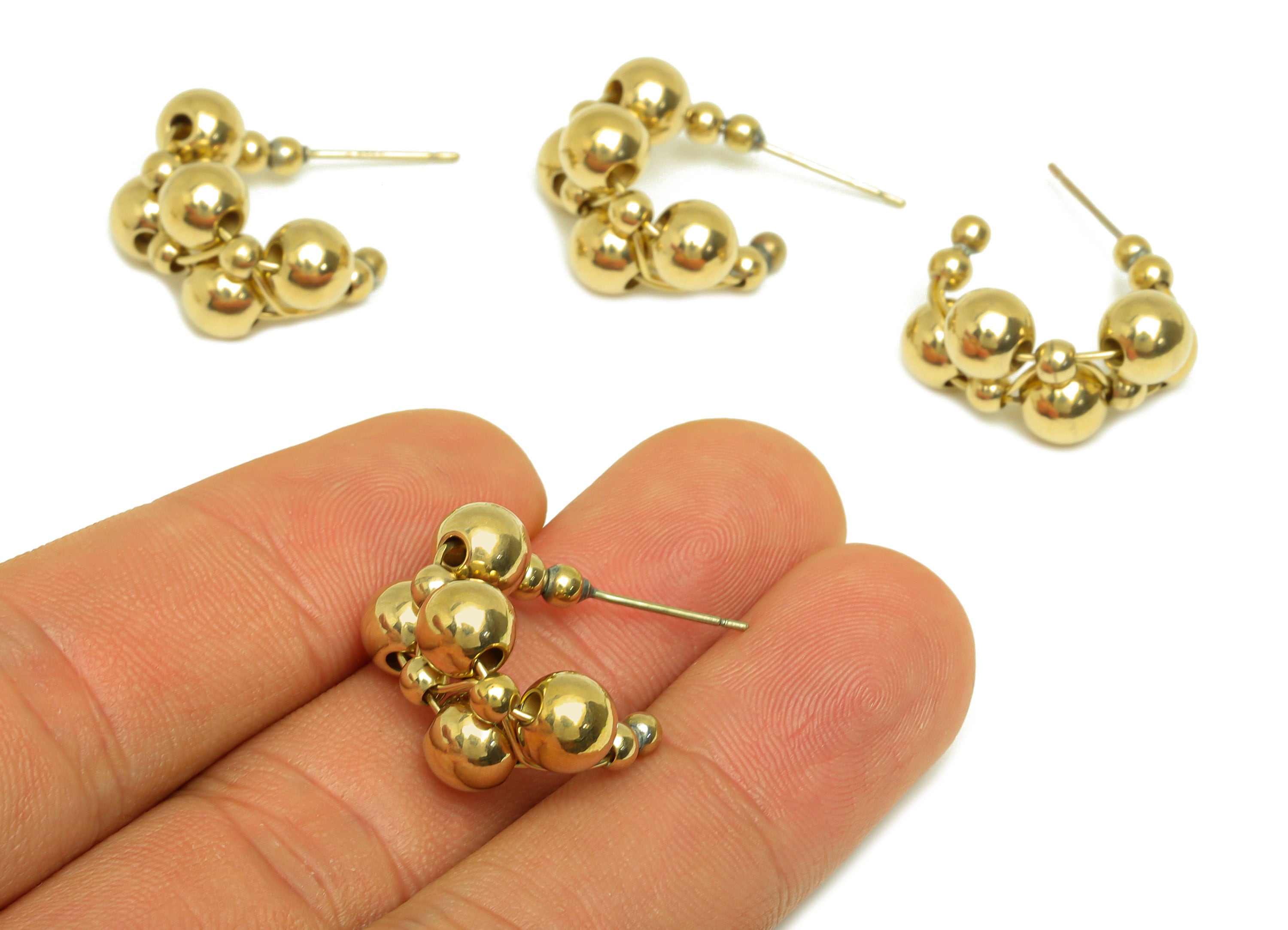 Brass Hoop C Earring Stud - Raw Brass Beaded Hoop Earring Post - Brass Open Hoop Bead Earring Post - Silver Stud - 21x15x12mm - PP10619 - DOMEDBAZAAR