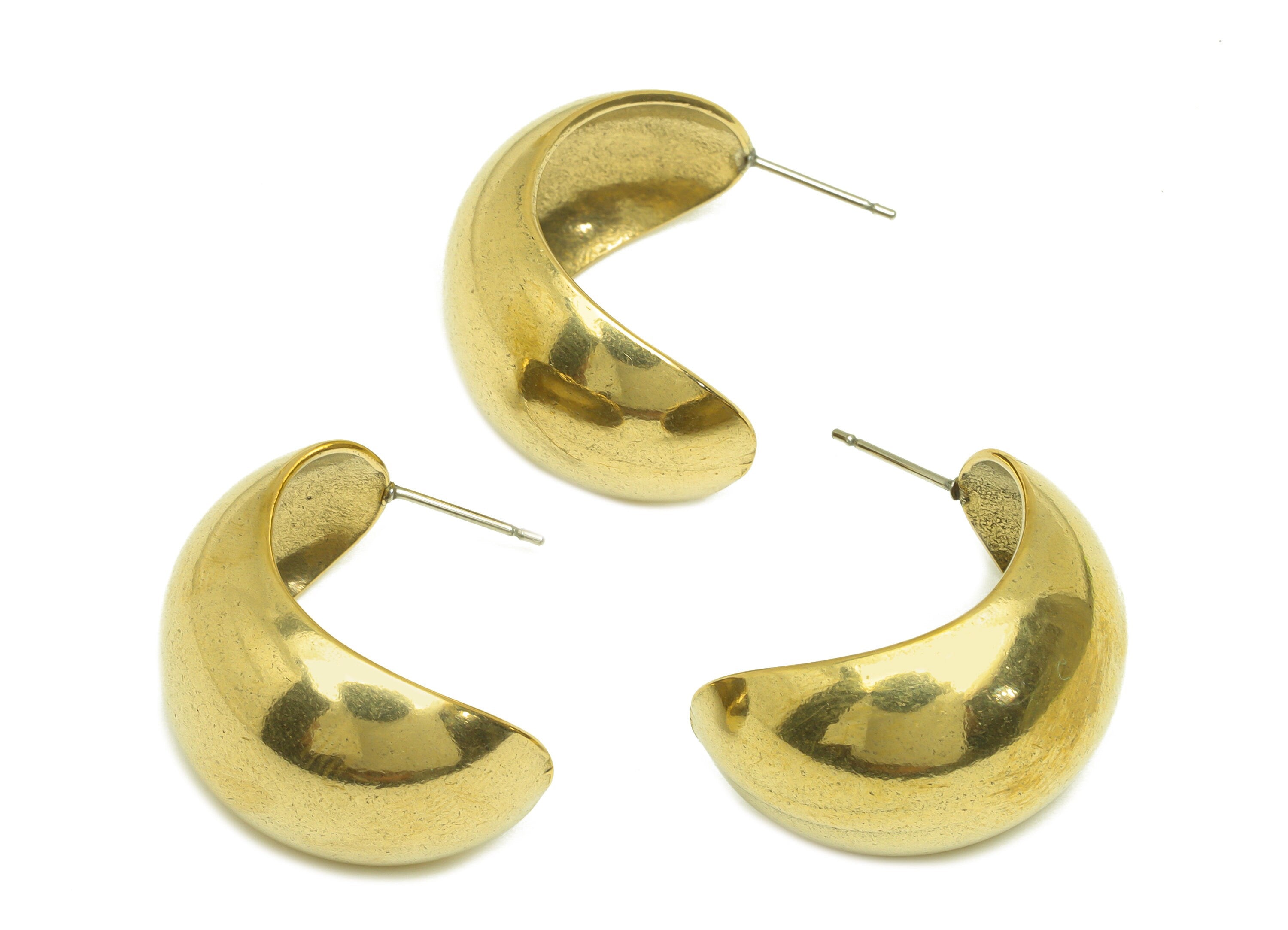 Brass Hoop C Earring Stud - Raw Brass Wide Hoop Earring Post - Brass Open Hoop Thick Earring Post - Stainless Steel - 25.5x18x15mm - PP10607 - DOMEDBAZAAR