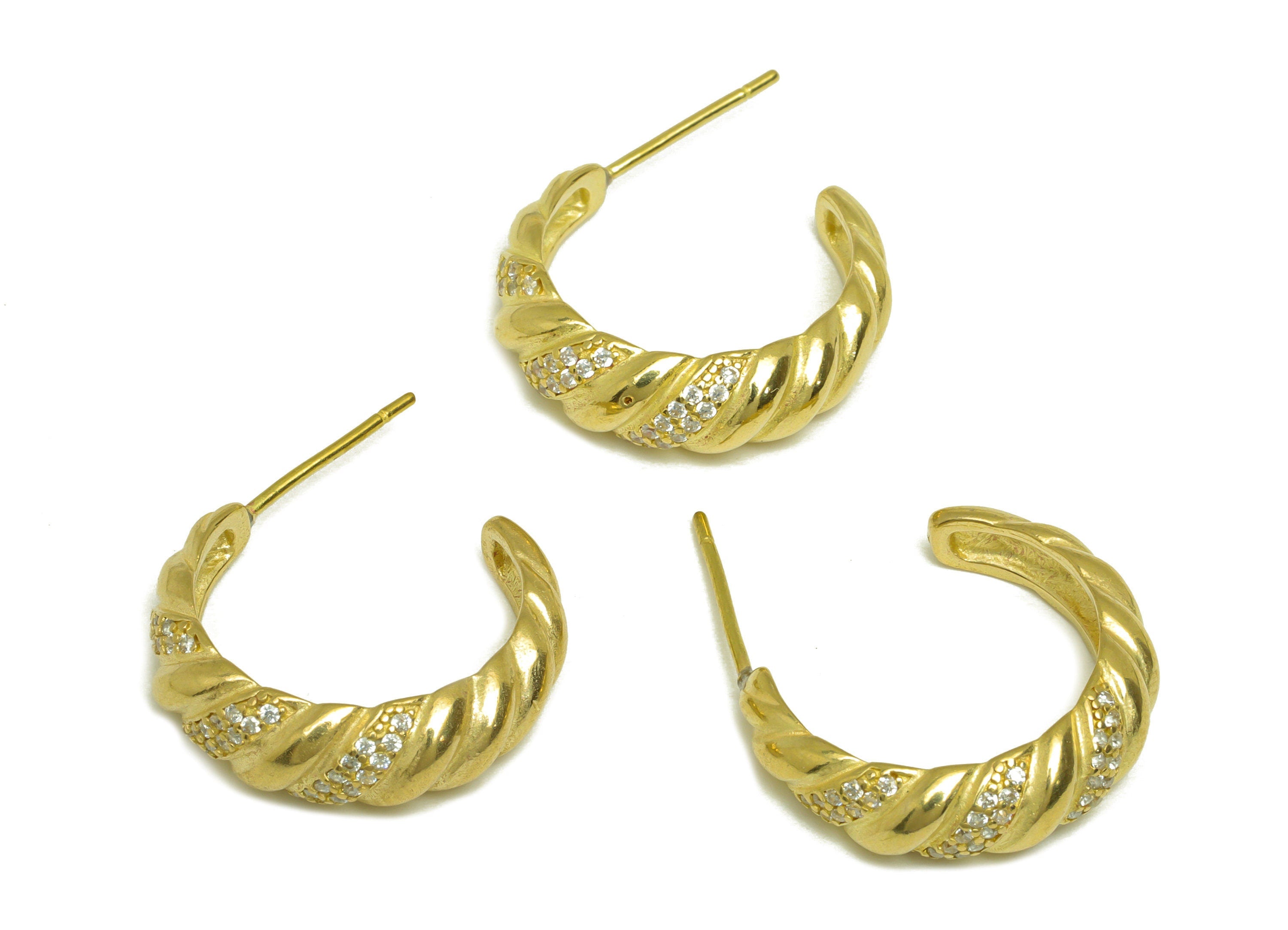 Brass Hoop C CZ Earring Stud - Raw Brass Hoop Earring Post - Brass Cubic Zircon Textured Earring Post - Silver Stud - 21x18x6mm - PP10573 - DOMEDBAZAAR