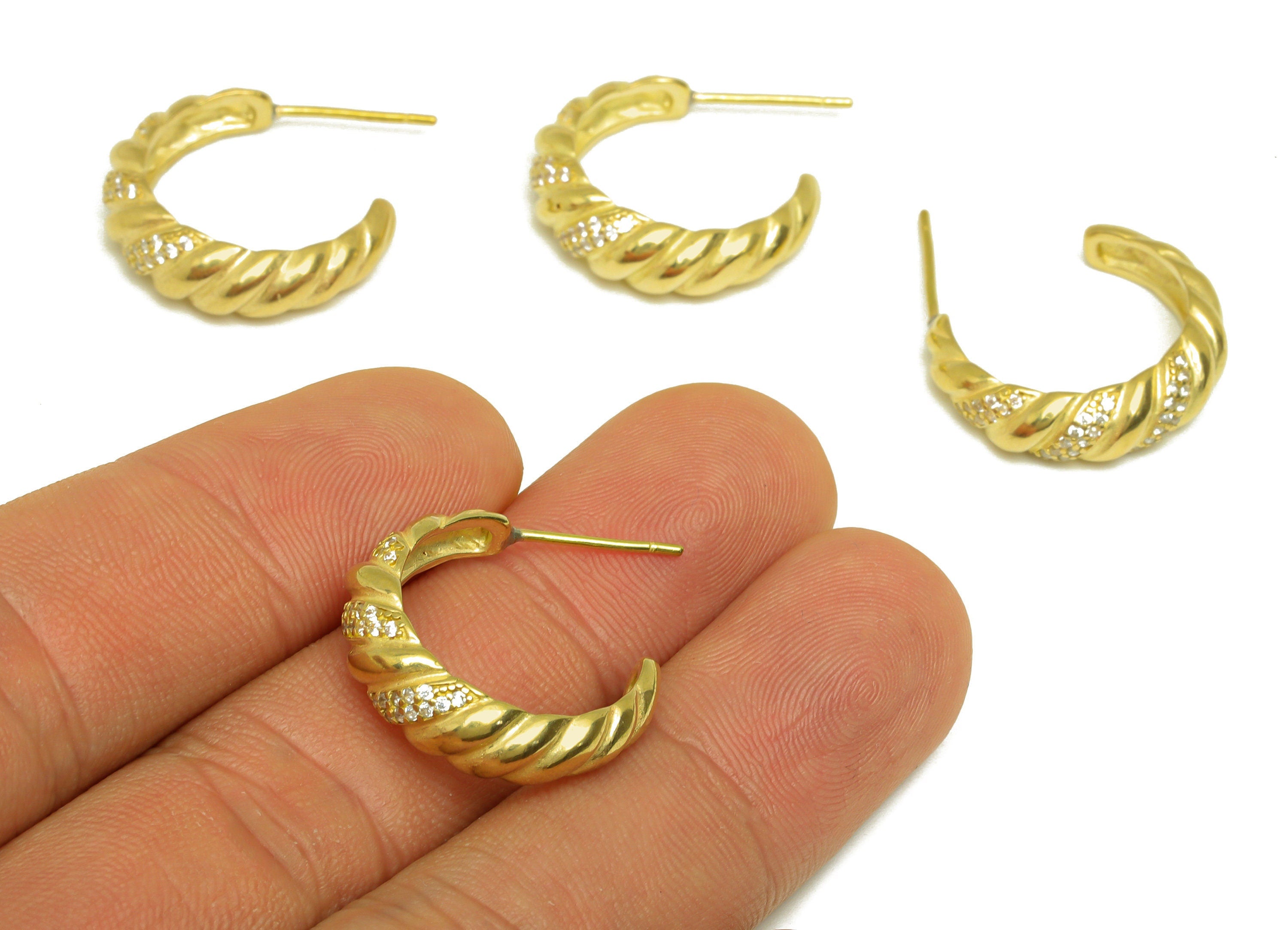 Brass Hoop C CZ Earring Stud - Raw Brass Hoop Earring Post - Brass Cubic Zircon Textured Earring Post - Silver Stud - 21x18x6mm - PP10573 - DOMEDBAZAAR