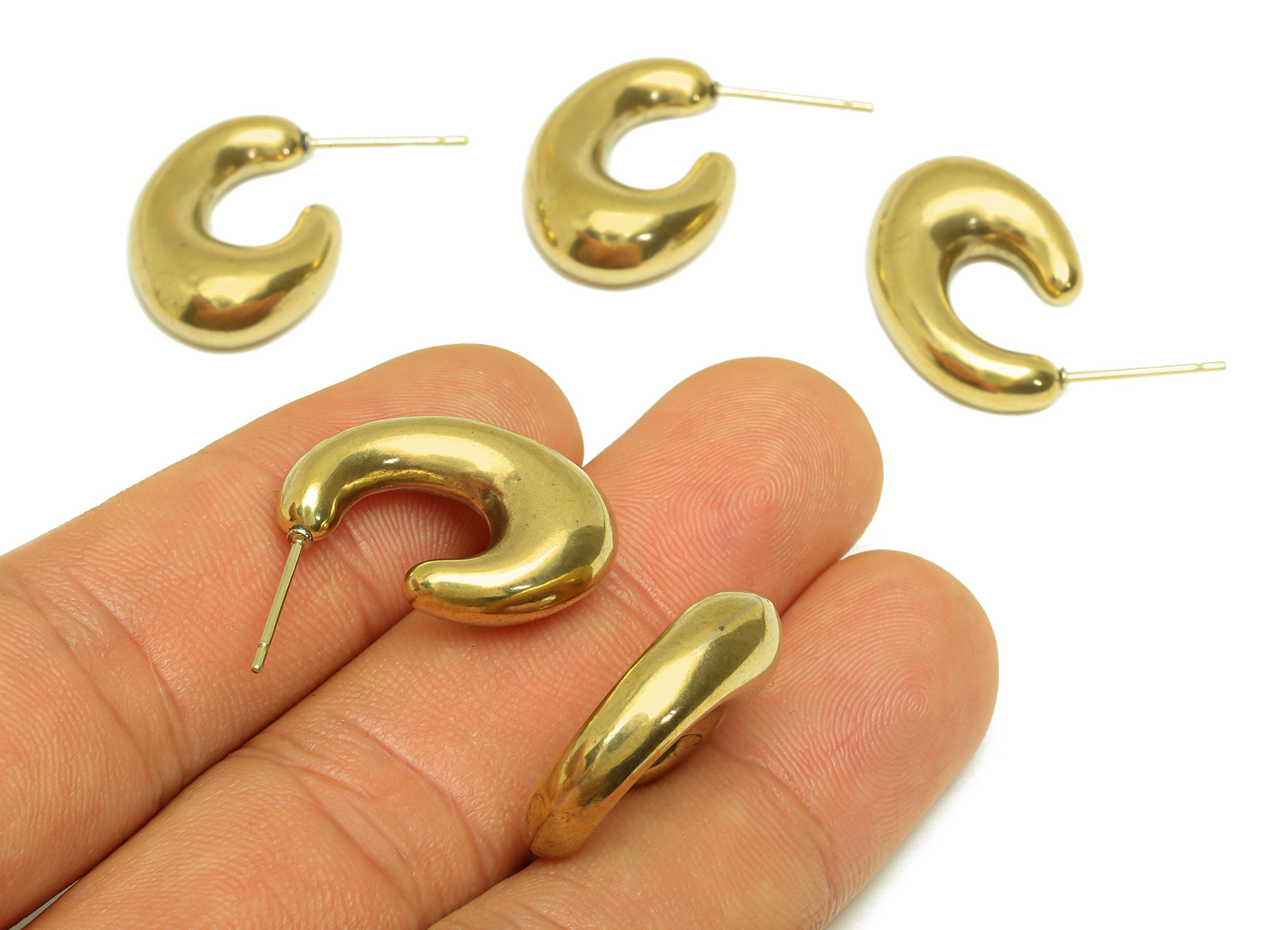 Brass Hoop Earring Stud - Raw Brass Hoop Oval Earring Post - Brass Open Hoop Thick Earring Post - Stainless Steel - 23x16x7mm - PP10555 - DOMEDBAZAAR