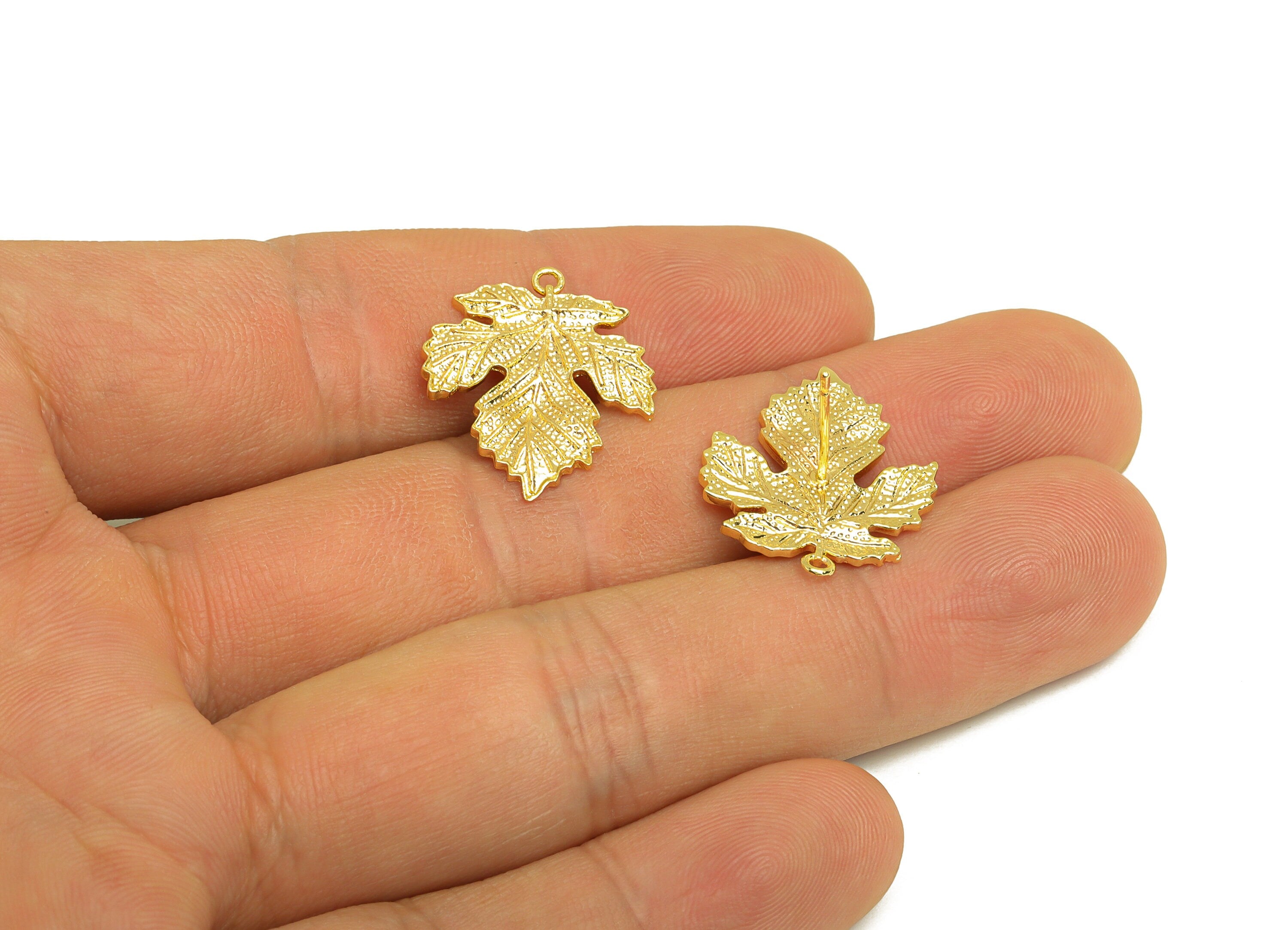 Brass Mape Leaf Earring Stud - Brass Textured Leaf Earring Post - Leaf Earring Post With Loop - 18K Real Gold Plating - 20x18x1mm - RGP6791 - DOMEDBAZAAR