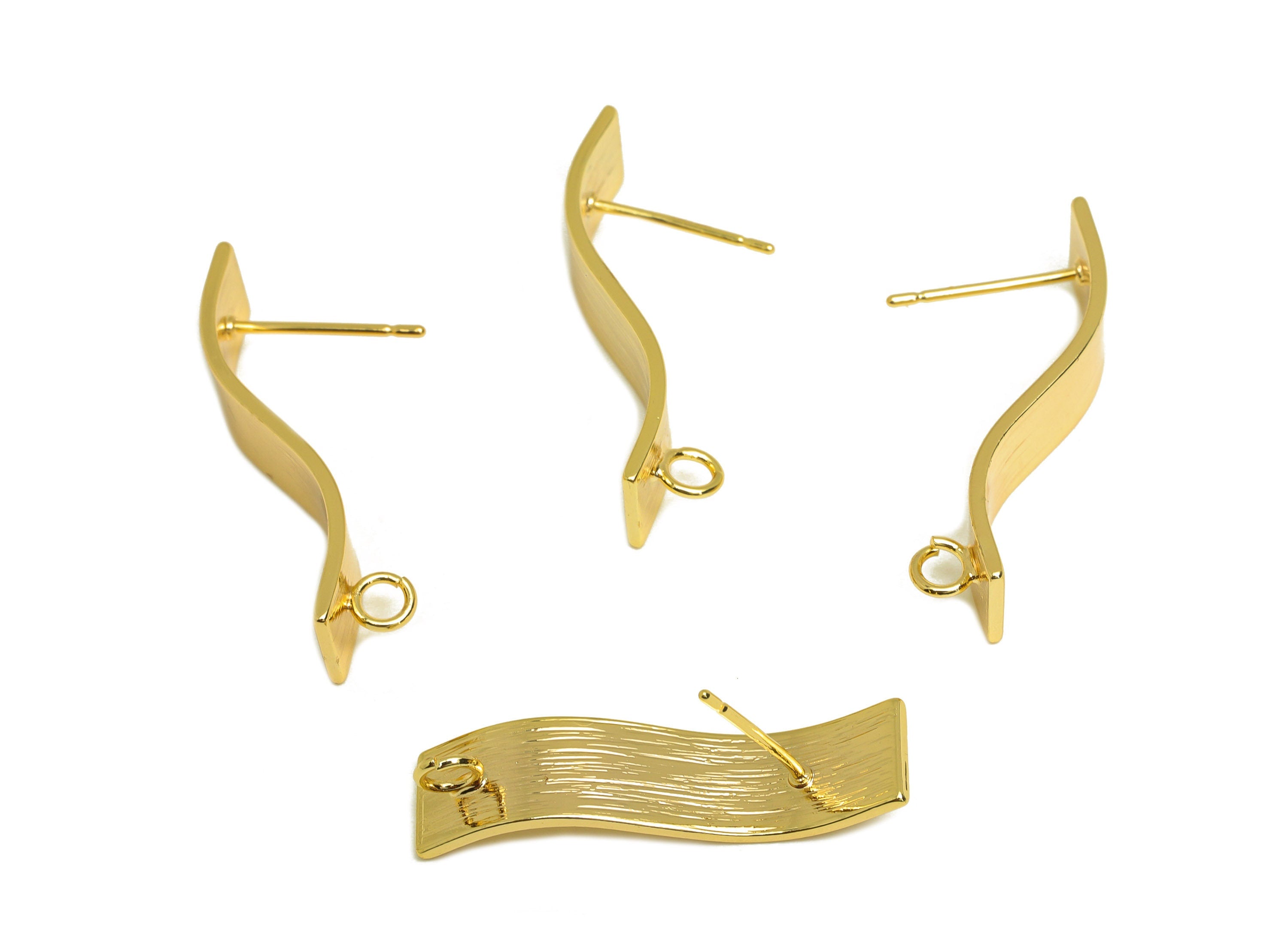 Brass Rectangle Earring Stud - Brass Wavy Textured Earring Post - Earring Post With Loop - 18K Real Gold Plating - 29.15x7x0.7mm - RGP6799 - DOMEDBAZAAR