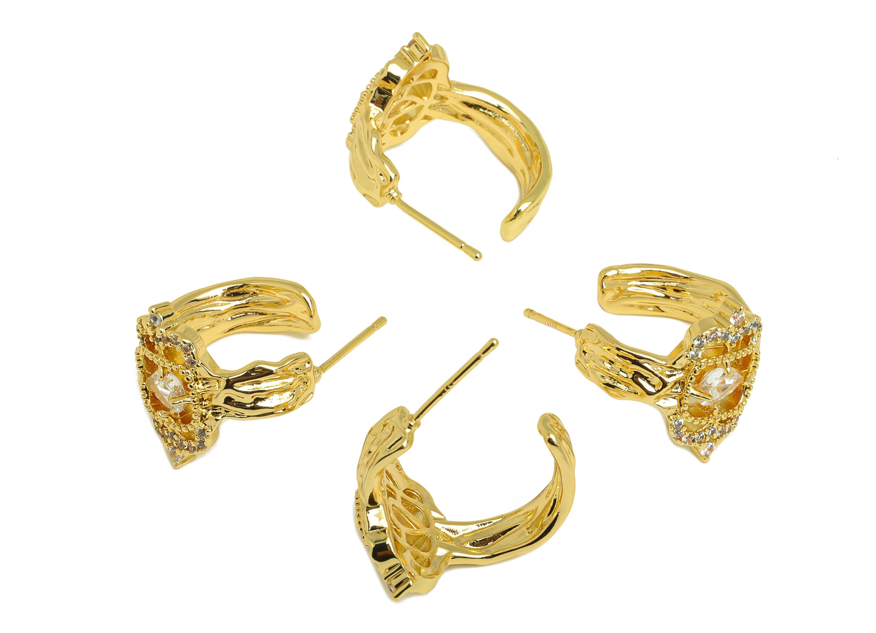 Brass Dorp Earring Stud - Brass Textured Teardrop Earring Post - Brass Cubic Zircon Earring Post - 18K Real Gold Plating - 24x21x1mm-RGP6819 - DOMEDBAZAAR