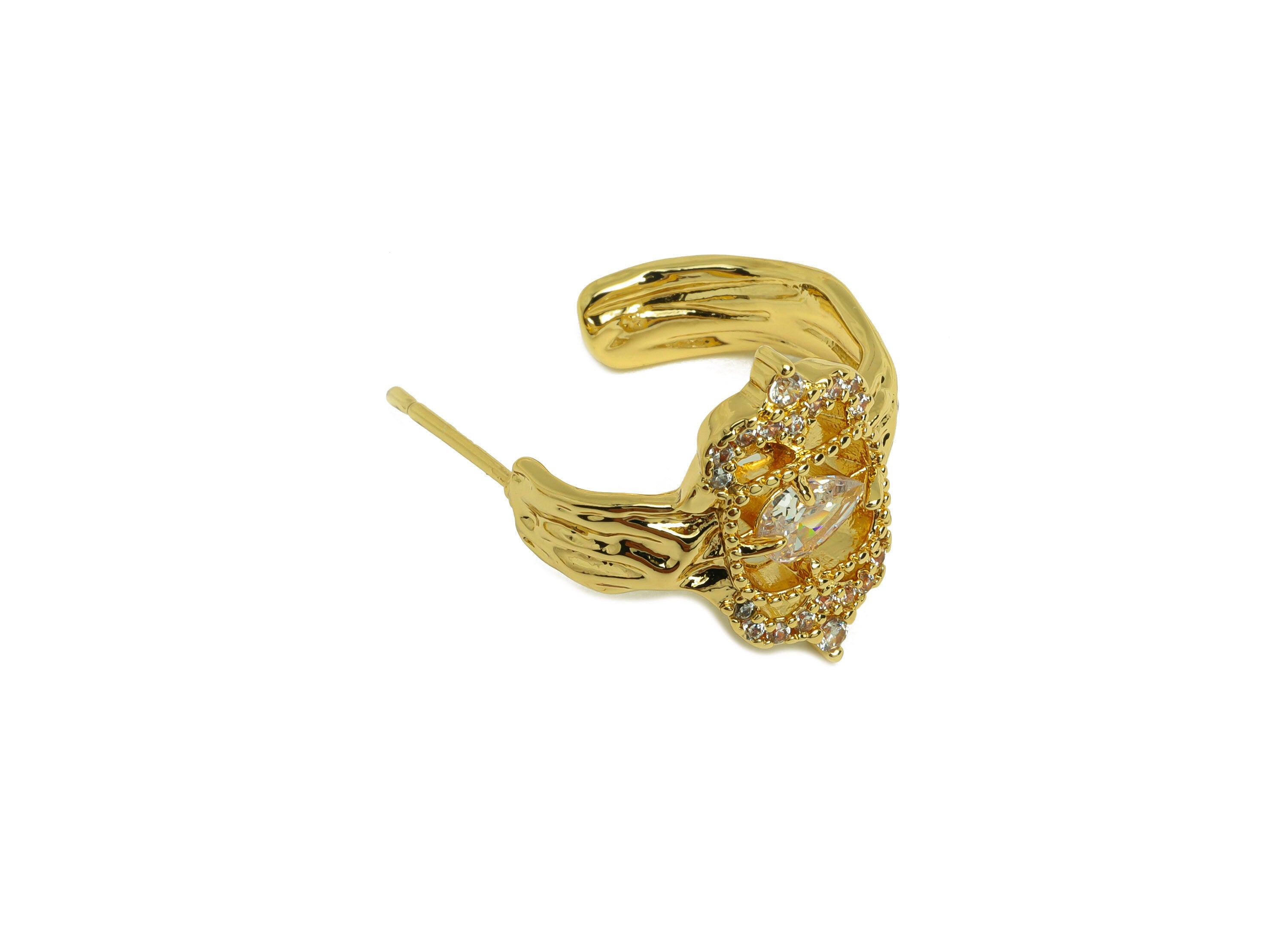 Brass Dorp Earring Stud - Brass Textured Teardrop Earring Post - Brass Cubic Zircon Earring Post - 18K Real Gold Plating - 24x21x1mm-RGP6819 - DOMEDBAZAAR