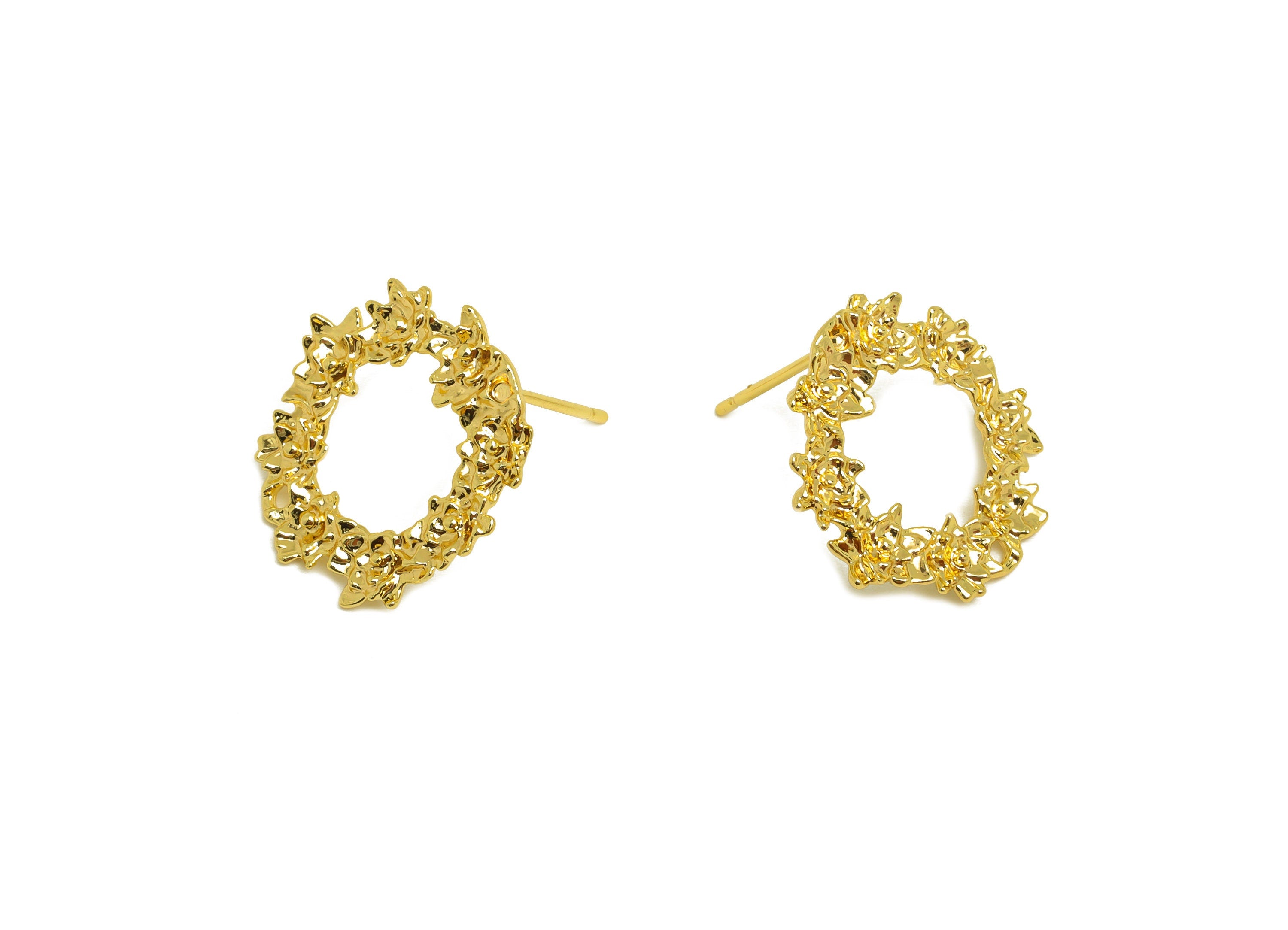 Brass Wreath Earring Stud - Brass Textured Round Earring Post - Brass Earring Post With Hole - 18K Real Gold Plating - 19x18x0.8mm - RGP6796 - DOMEDBAZAAR