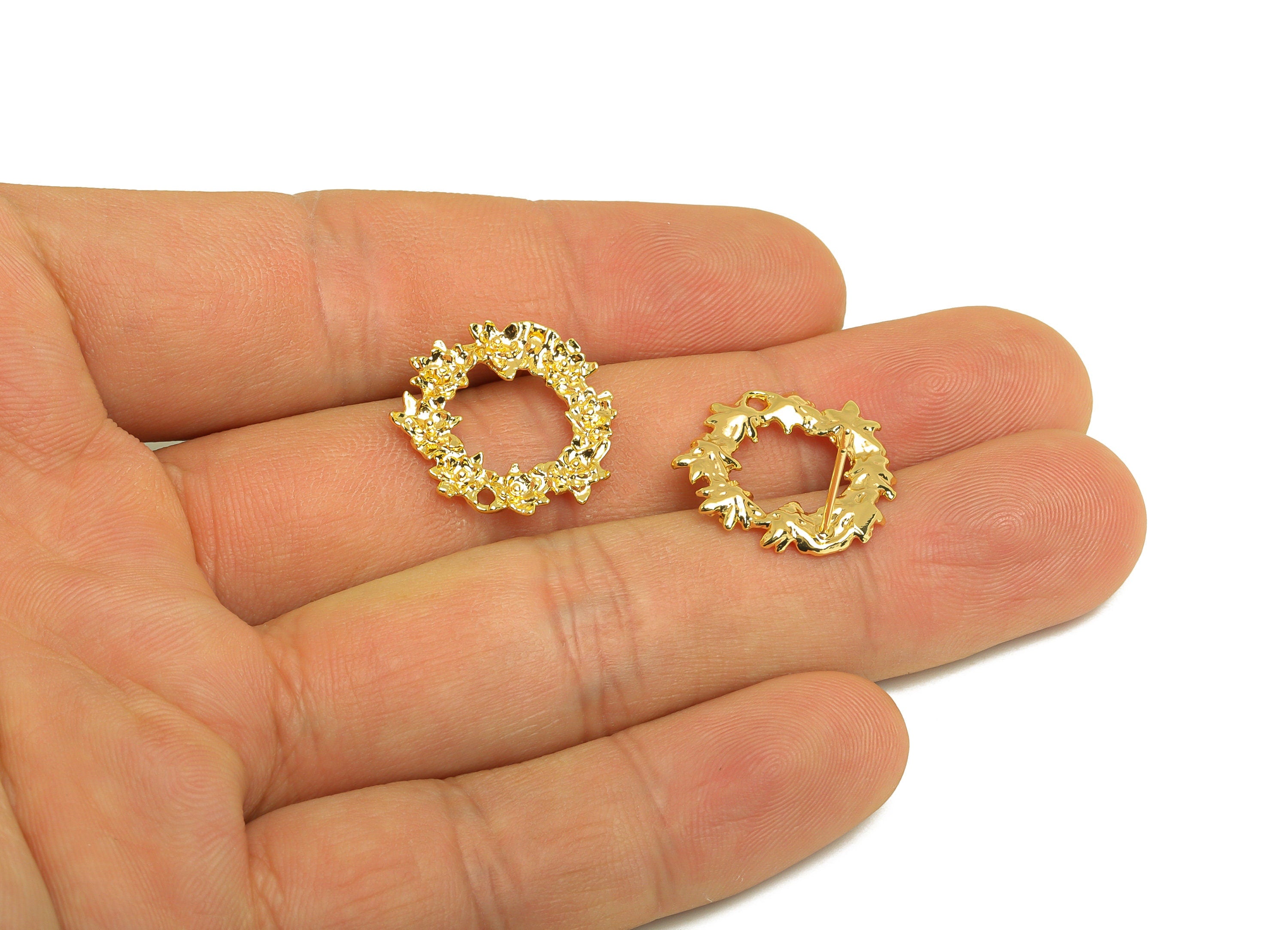 Brass Wreath Earring Stud - Brass Textured Round Earring Post - Brass Earring Post With Hole - 18K Real Gold Plating - 19x18x0.8mm - RGP6796 - DOMEDBAZAAR