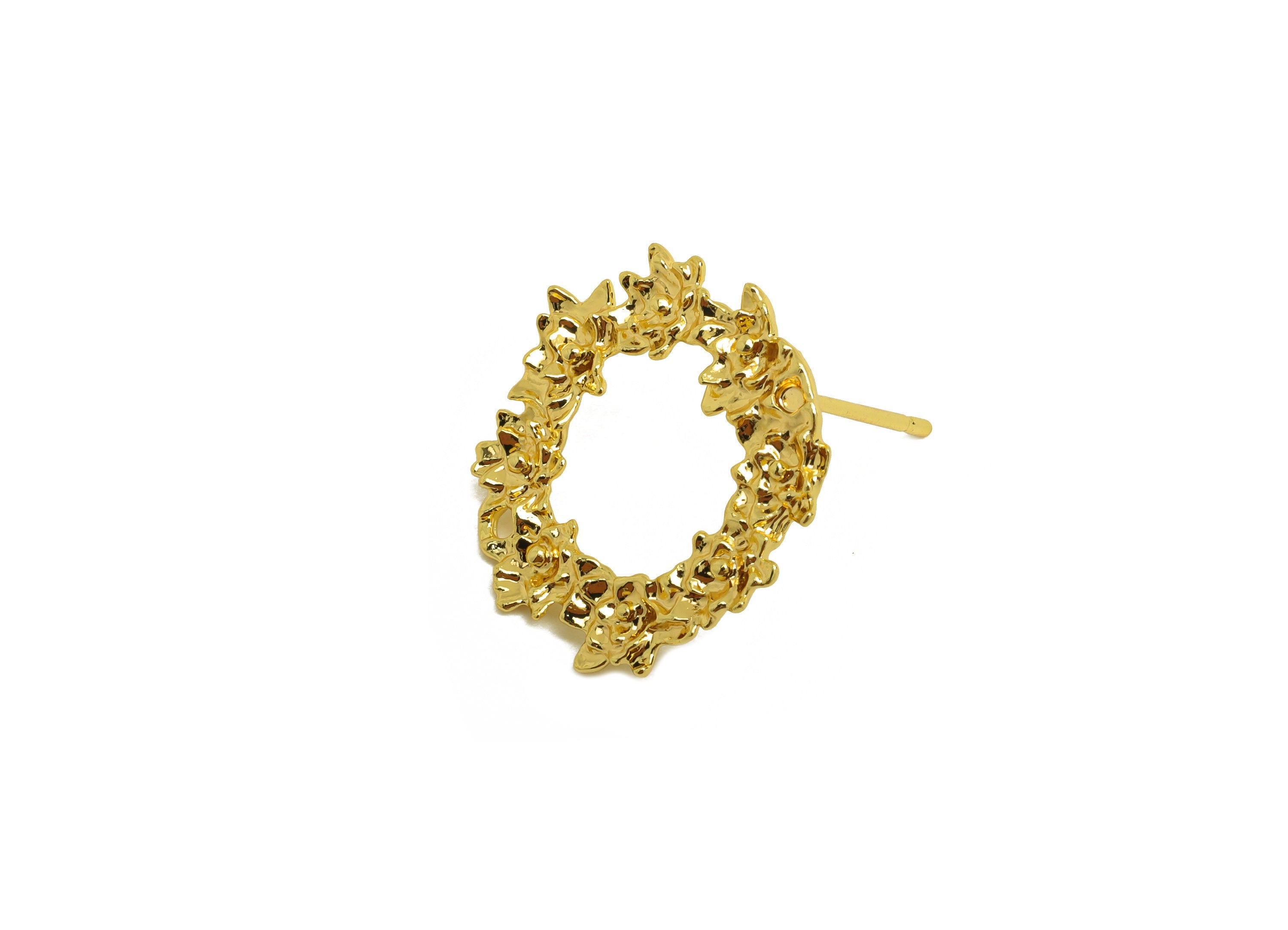 Brass Wreath Earring Stud - Brass Textured Round Earring Post - Brass Earring Post With Hole - 18K Real Gold Plating - 19x18x0.8mm - RGP6796 - DOMEDBAZAAR
