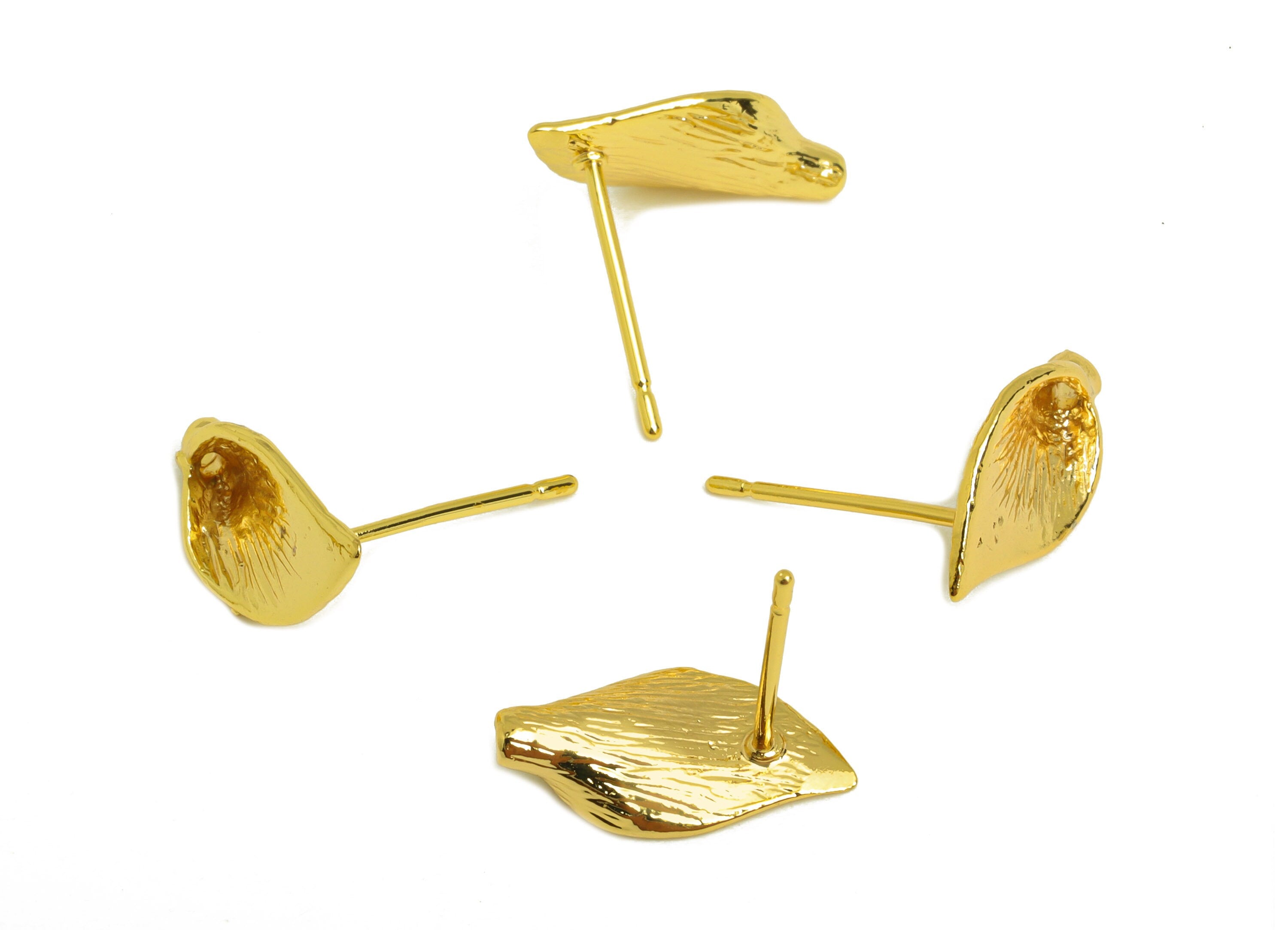 Brass Leaf Earring Stud - Brass Wavy Mini Leaf Earring Post - Brass Botanical Earring Post - 18K Real Gold Plating - 14.37x7x3mm - RGP6798 - DOMEDBAZAAR