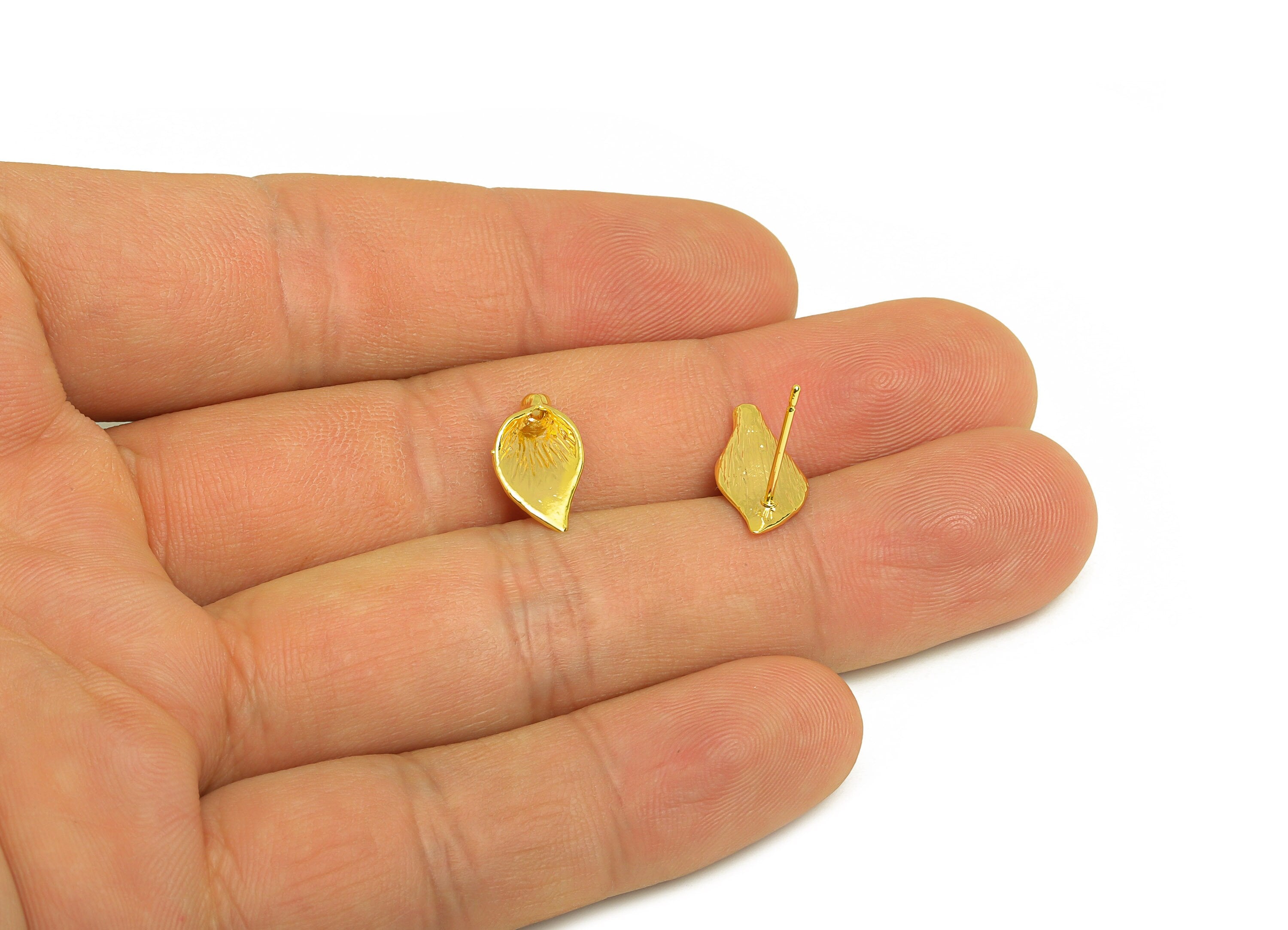 Brass Leaf Earring Stud - Brass Wavy Mini Leaf Earring Post - Brass Botanical Earring Post - 18K Real Gold Plating - 14.37x7x3mm - RGP6798 - DOMEDBAZAAR
