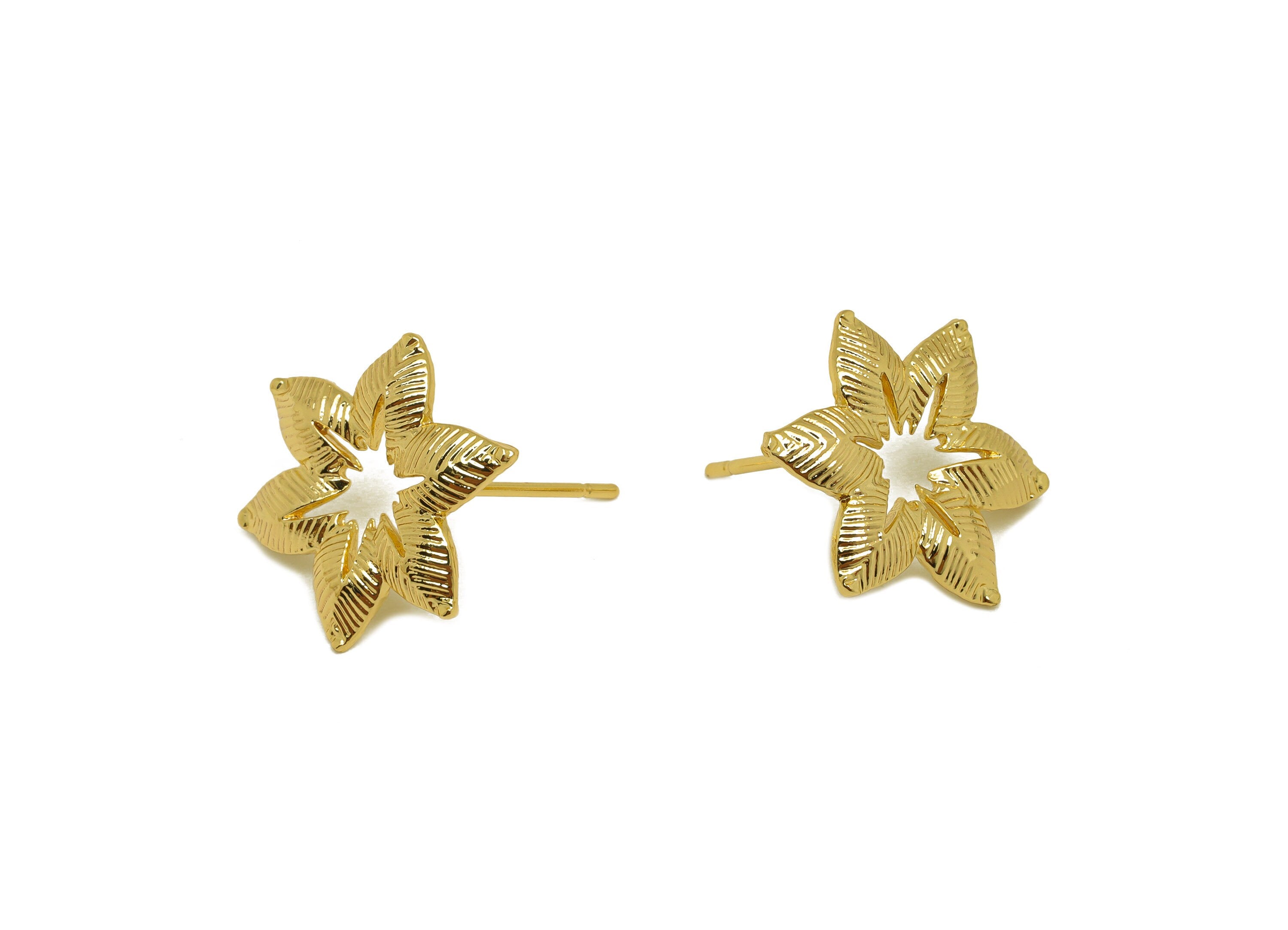 Brass Flower Earring Stud - Brass Textured Flower Earring Post - Brass Botanical Earring Post - 18K Real Gold Plating - 17x16x1mm - RGP6794 - DOMEDBAZAAR