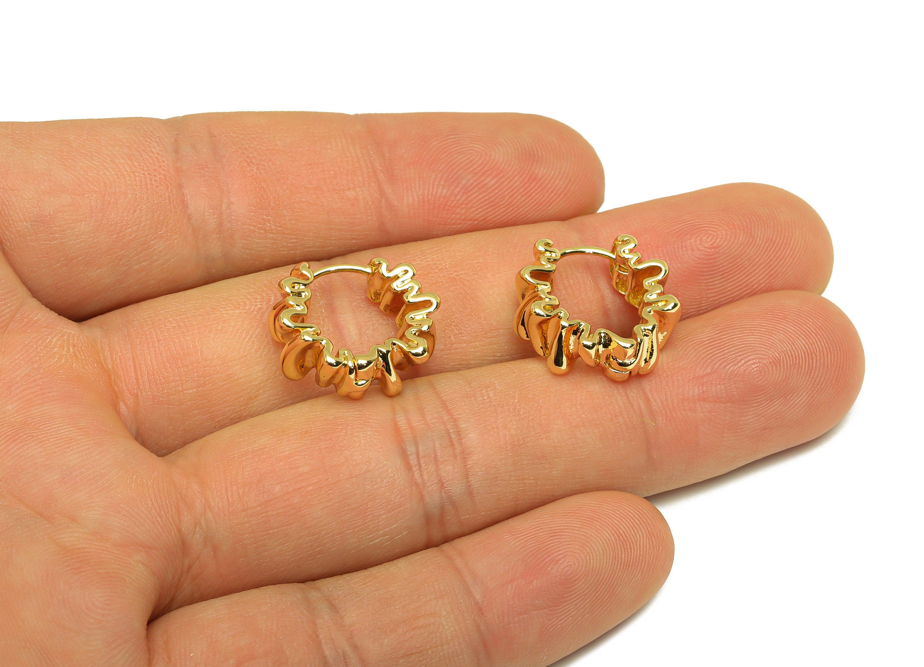 Brass Wrinkles Hoop Earring - Brass Wavy Hoop Wire Earring Clasp - Twisted Huggie Hoop Earring - 18K Real Gold Plating - 16x16x6mm - RGP6811 - DOMEDBAZAAR