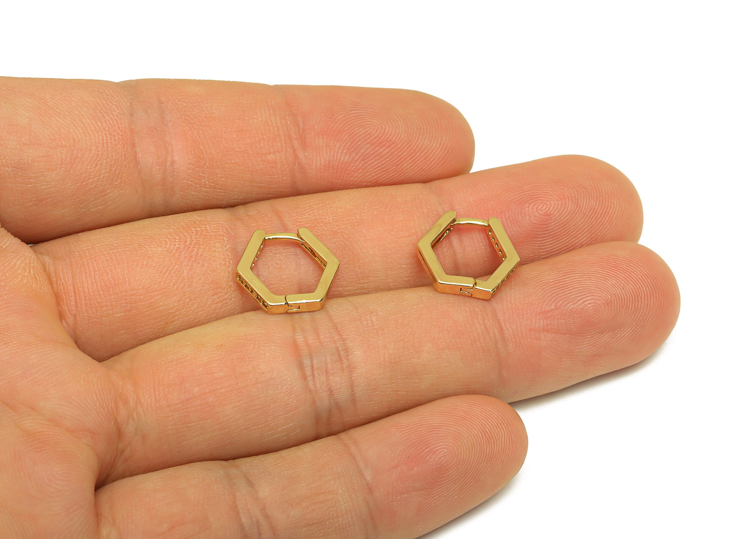 Brass CZ Hoop Earring - Brass Hexagon Hoop Wire Earring Clasp - Zircon Huggie Hoop Earring - 18K Real Gold Plating - 13.53x12x2mm - RGP6815 - DOMEDBAZAAR