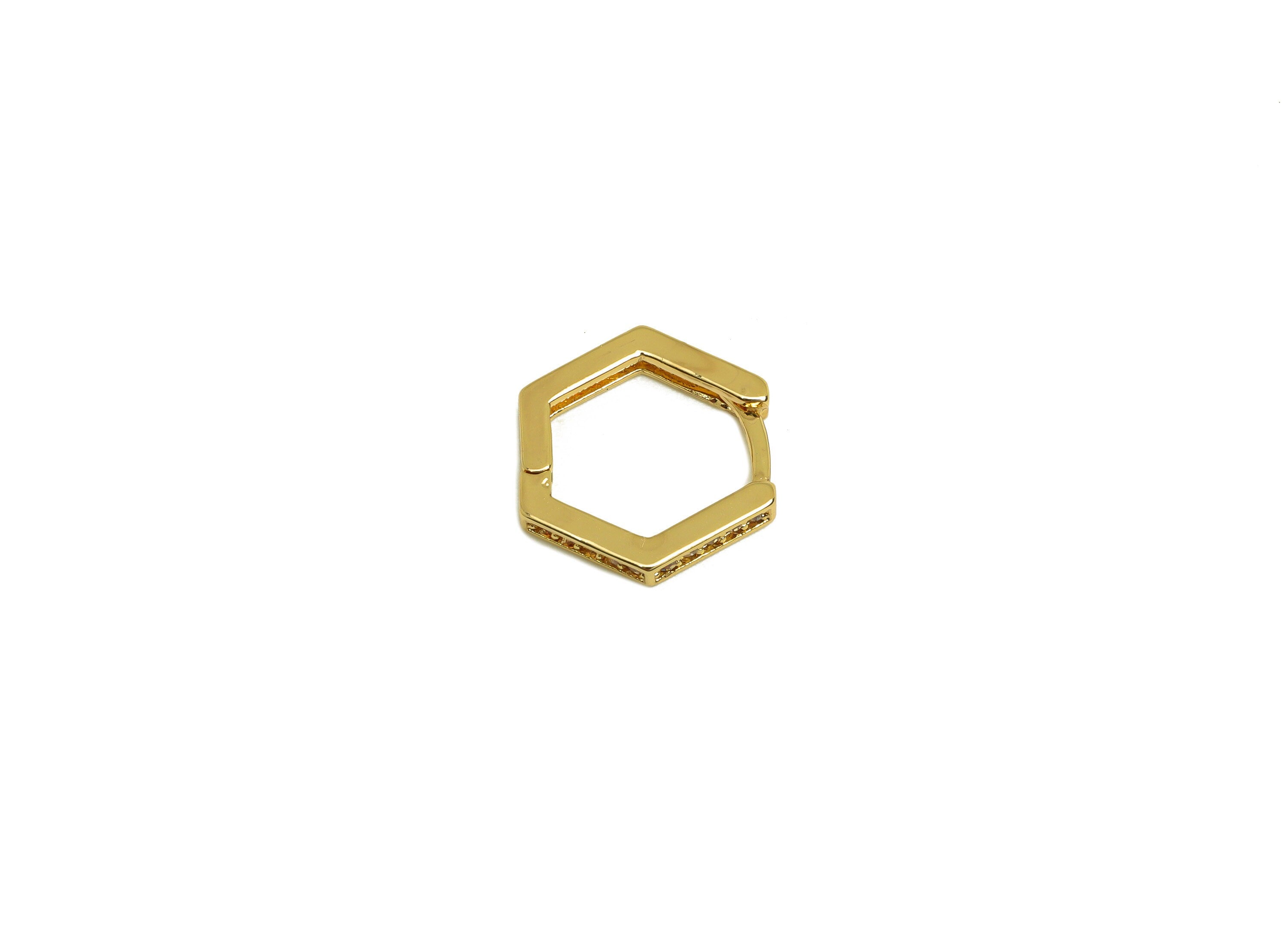 Brass CZ Hoop Earring - Brass Hexagon Hoop Wire Earring Clasp - Zircon Huggie Hoop Earring - 18K Real Gold Plating - 13.53x12x2mm - RGP6815 - DOMEDBAZAAR